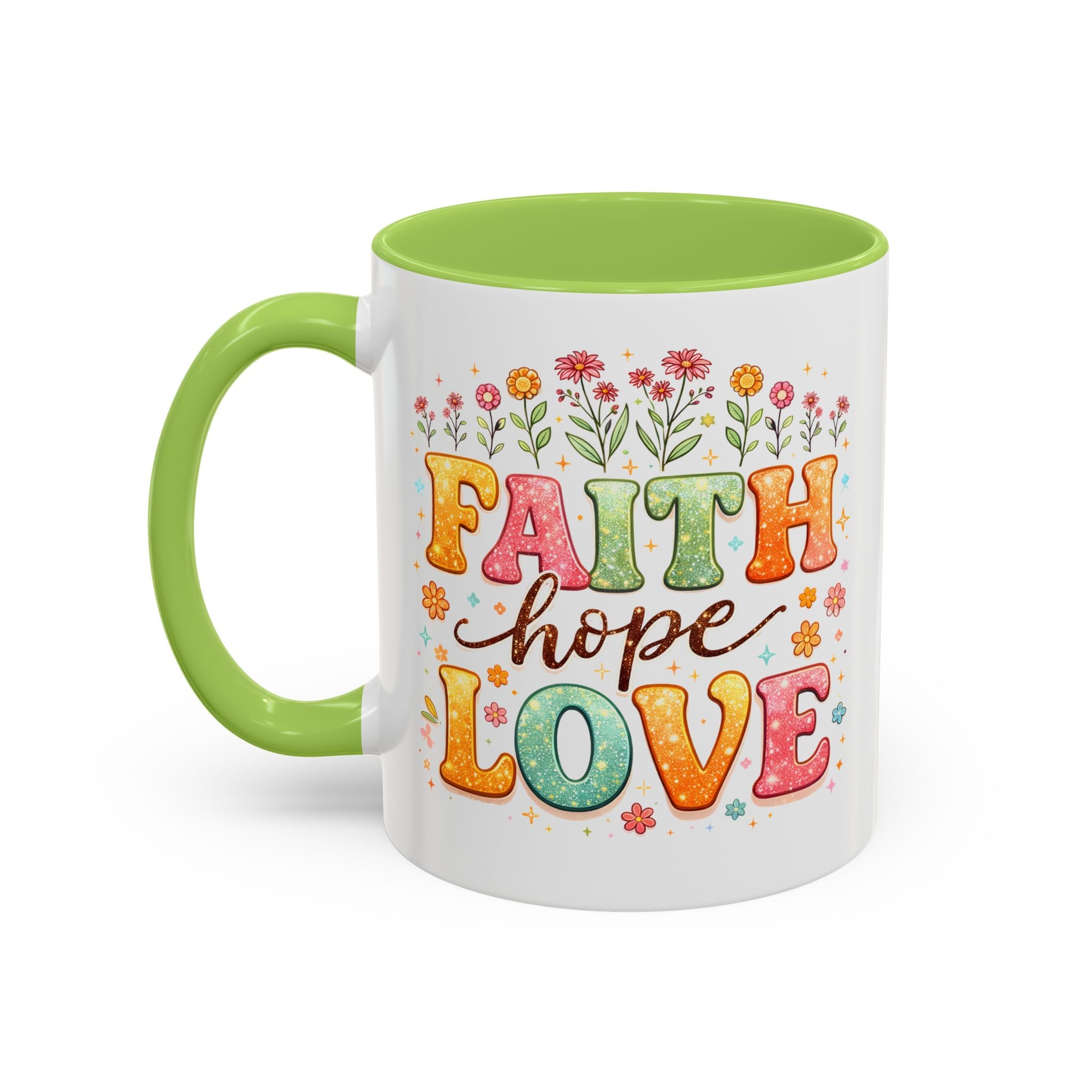 Faith Hope Love Accent Coffee Mug — Inspirational Floral Ceramic Mug (11/15 oz)