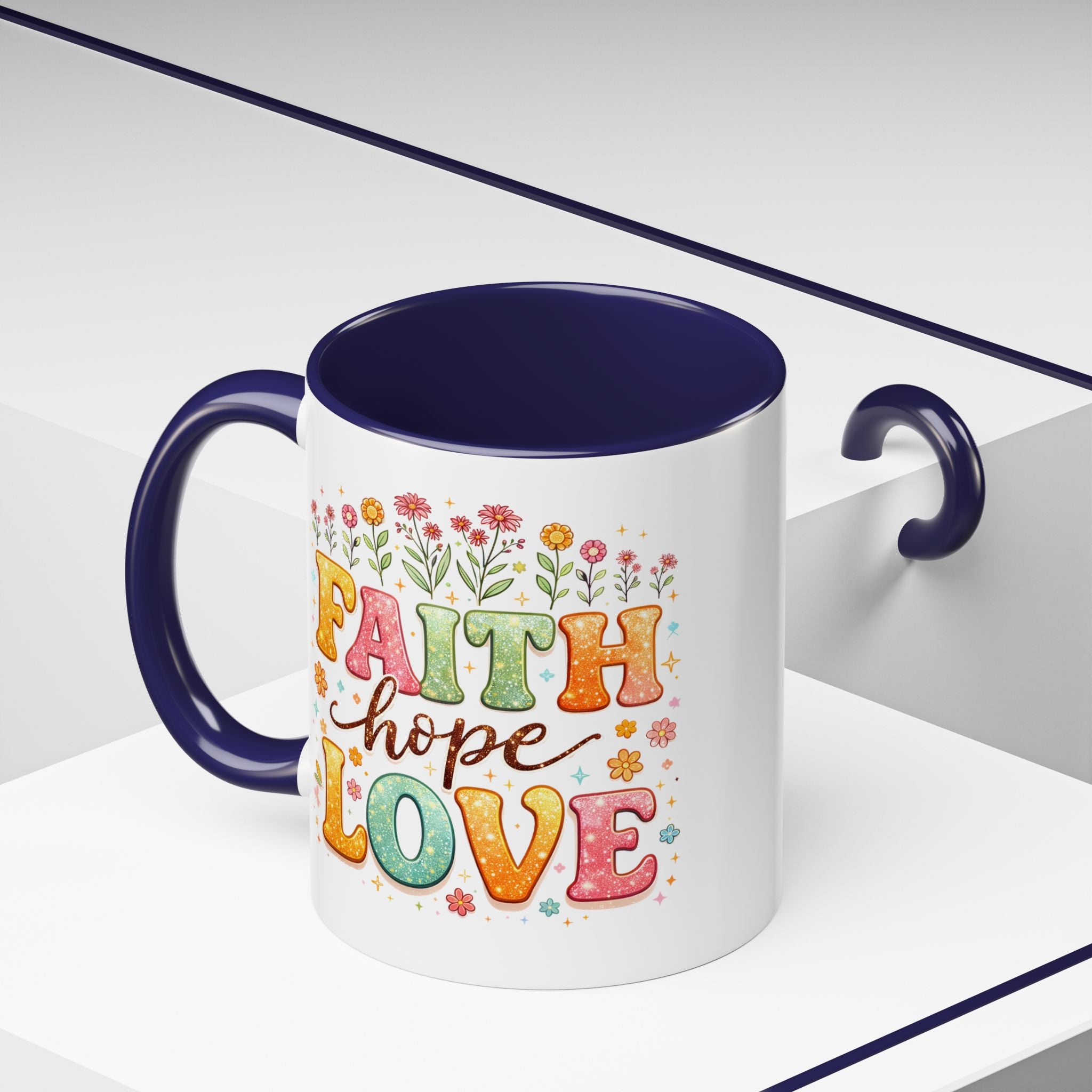 Faith Hope Love Accent Coffee Mug — Inspirational Floral Ceramic Mug (11/15 oz)