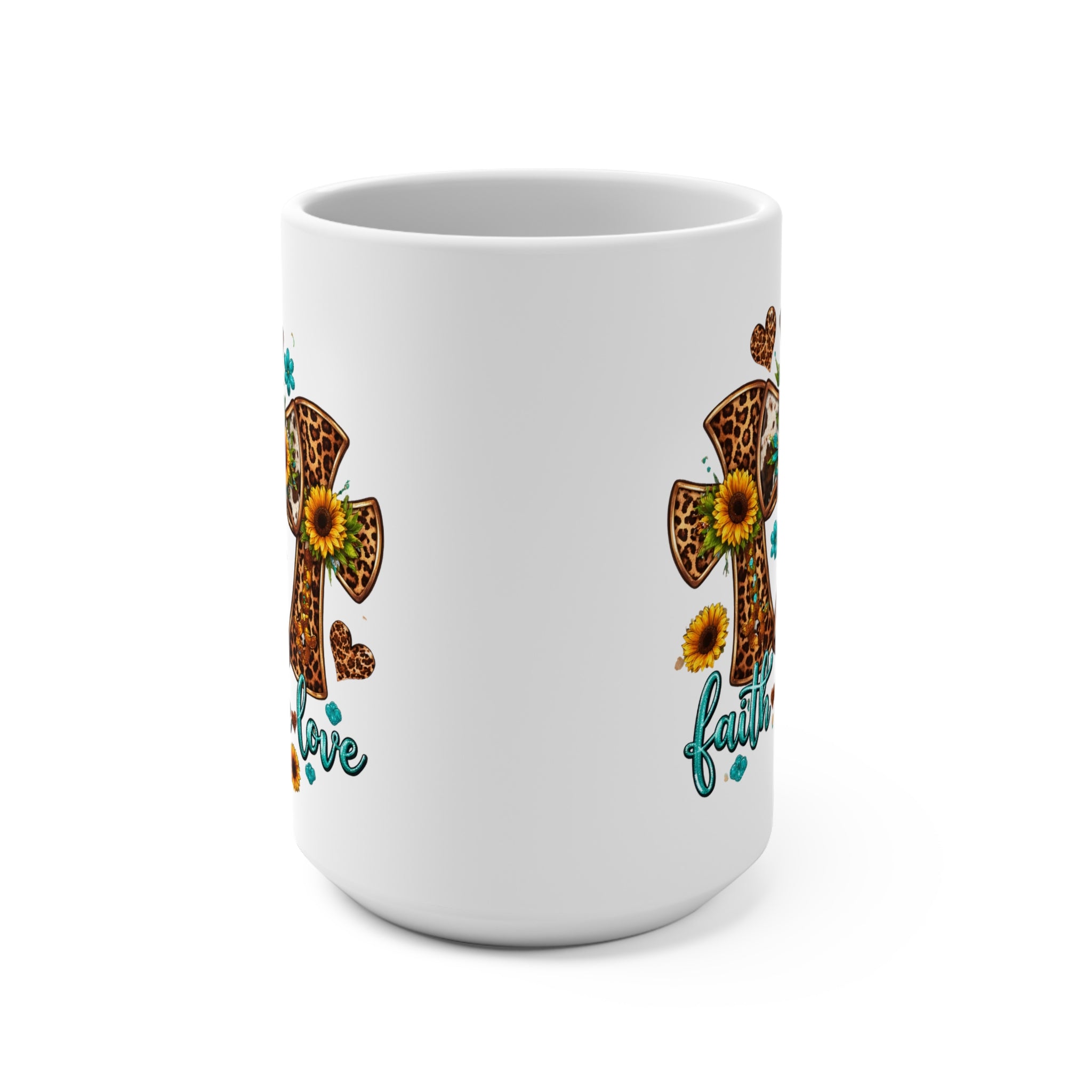 Faith Hope Love Mug — Leopard Cross & Sunflower 15oz Ceramic Coffee Cup