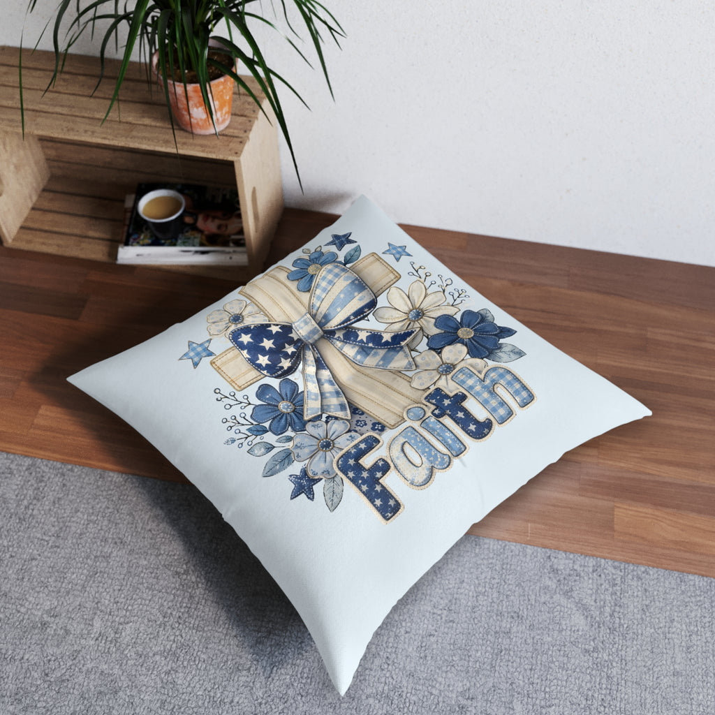 Faith Cross Tufted Floor Pillow — Blue Rustic Floral Accent