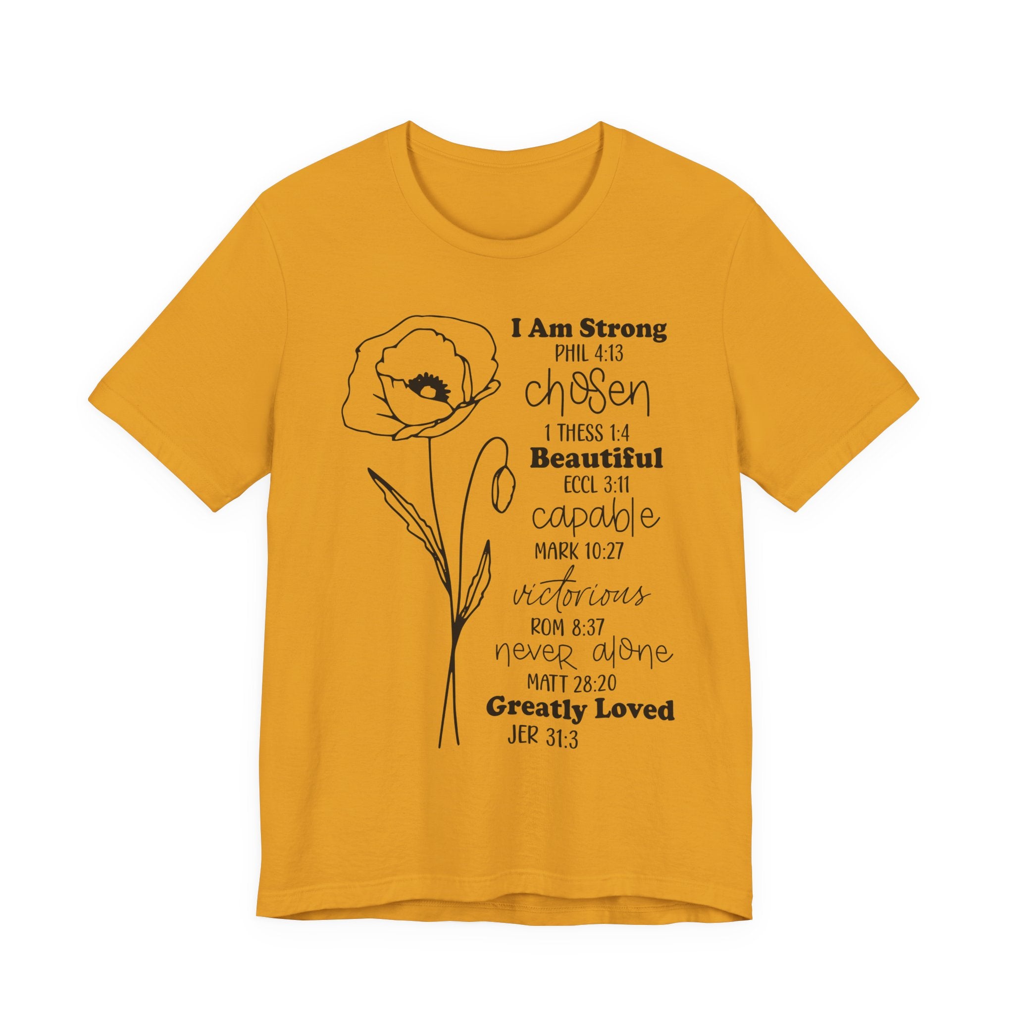 Inspirational Scripture Floral Tee — "I Am Strong / Chosen / Beautiful" Bible Verse T-Shirt