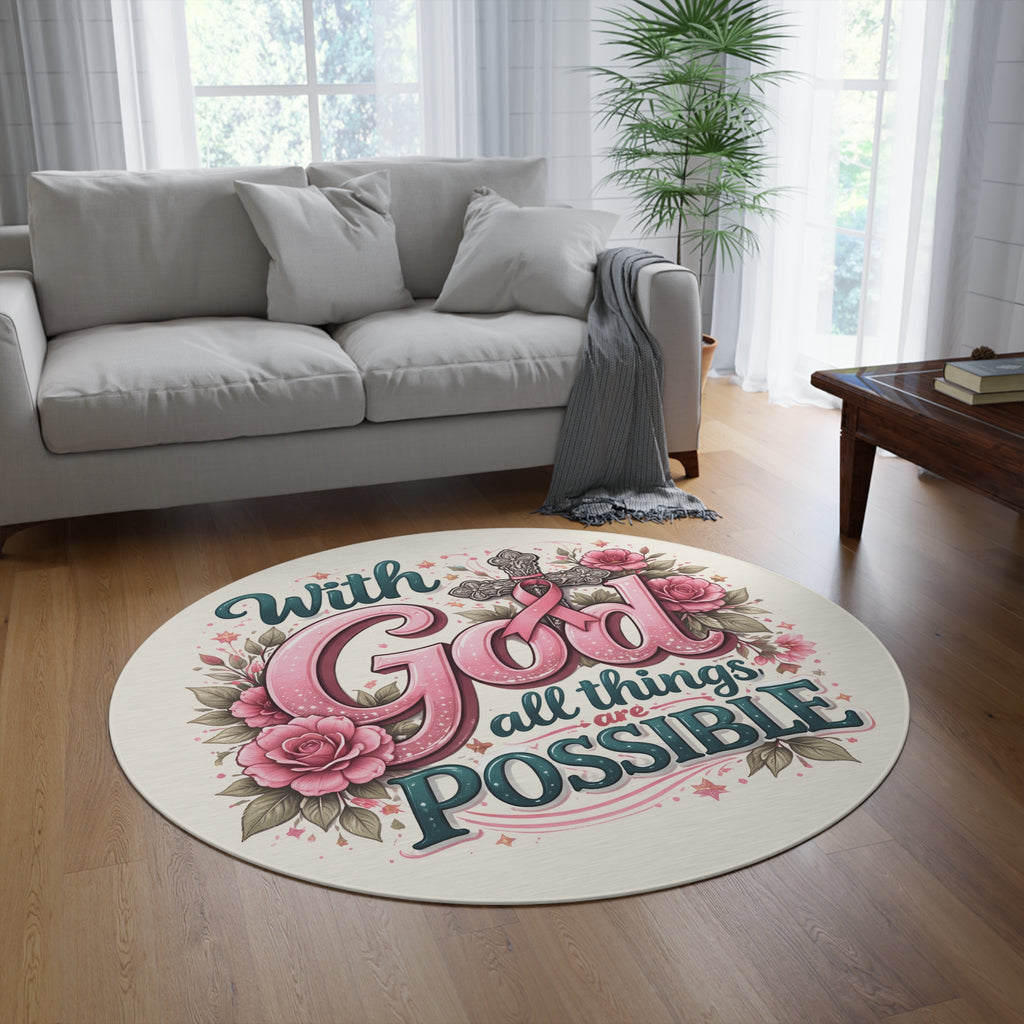 With God All Things Are Possible Round Rug — Floral Faith Prayer Accent Mat
