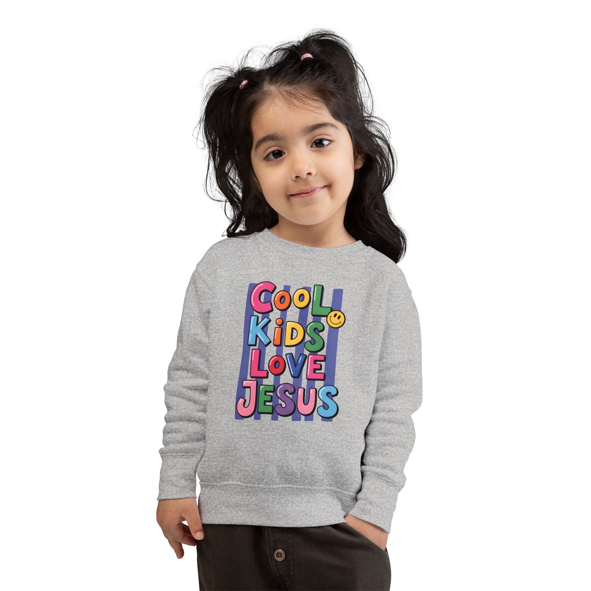 Toddler Sweatshirt — "Cool Kids Love Jesus" Colorful Christian Kids Crewneck