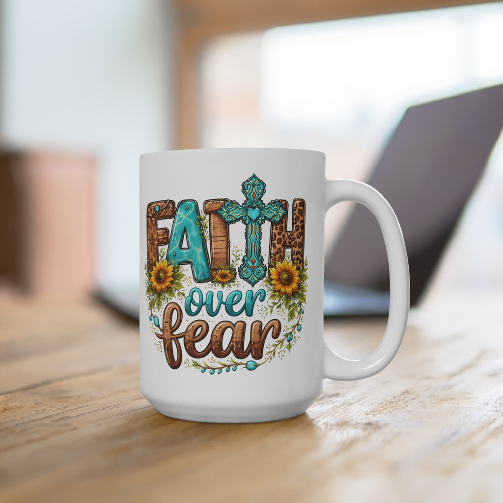 Faith Over Fear 15oz Ceramic Mug — Christian Inspirational Coffee Cup with Cross & Sunflower Design