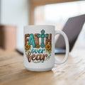 Faith Over Fear 15oz Ceramic Mug — Christian Inspirational Coffee Cup with Cross & Sunflower Design