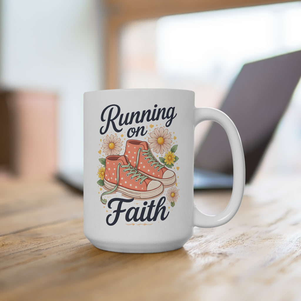 15oz Faith Coffee Mug — "Running on Faith" Floral Sneaker Christian Gift