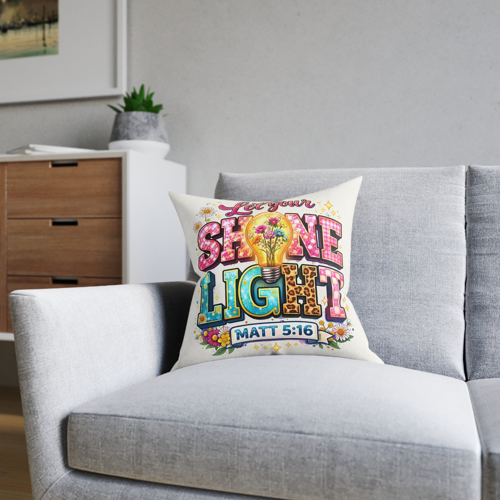 Let Your Shine Light Square Pillow — Christian Inspirational Decorative Pillow (Matt 5:16)