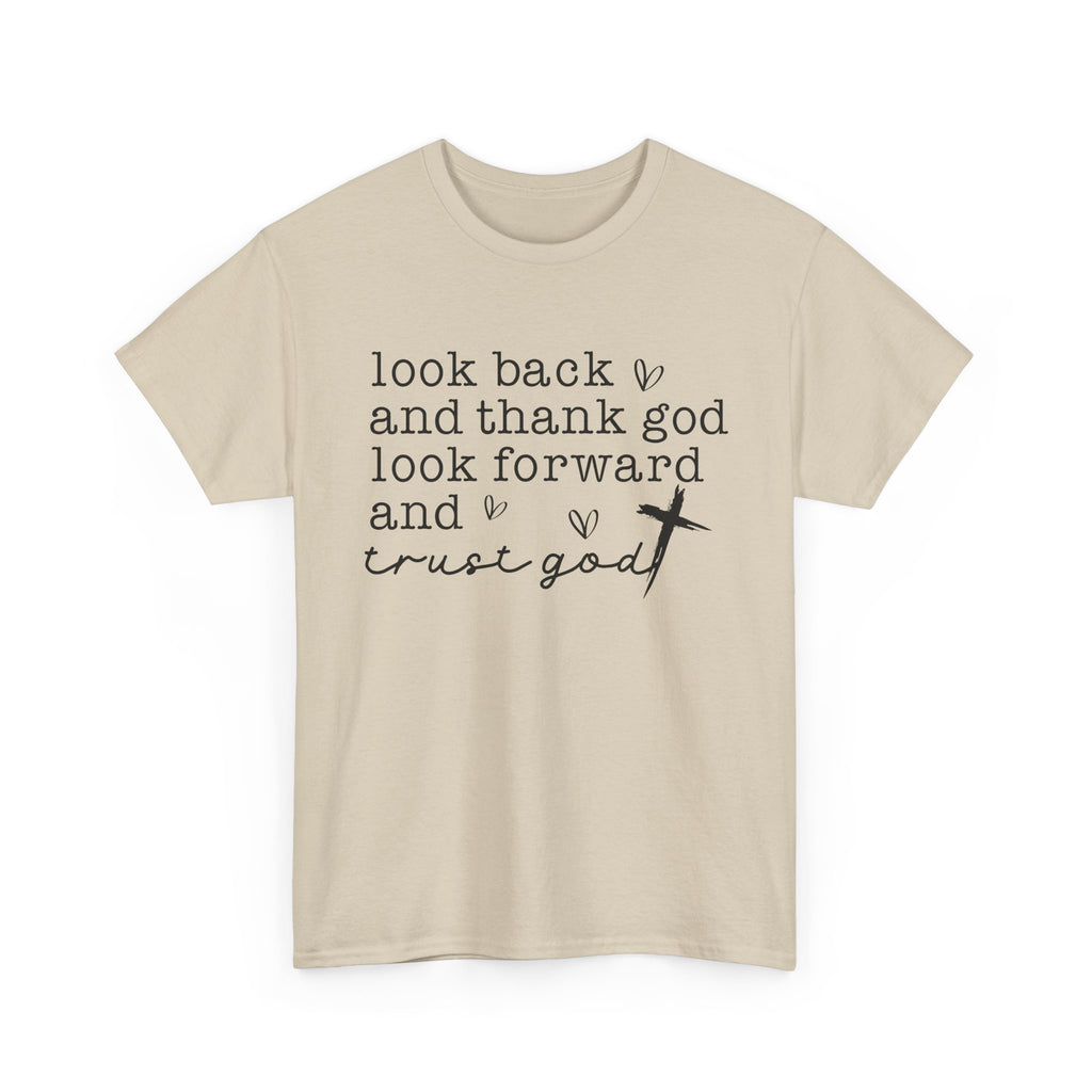 Look Back and Thank God tee | Faith Christian Shirt with Cross Typography