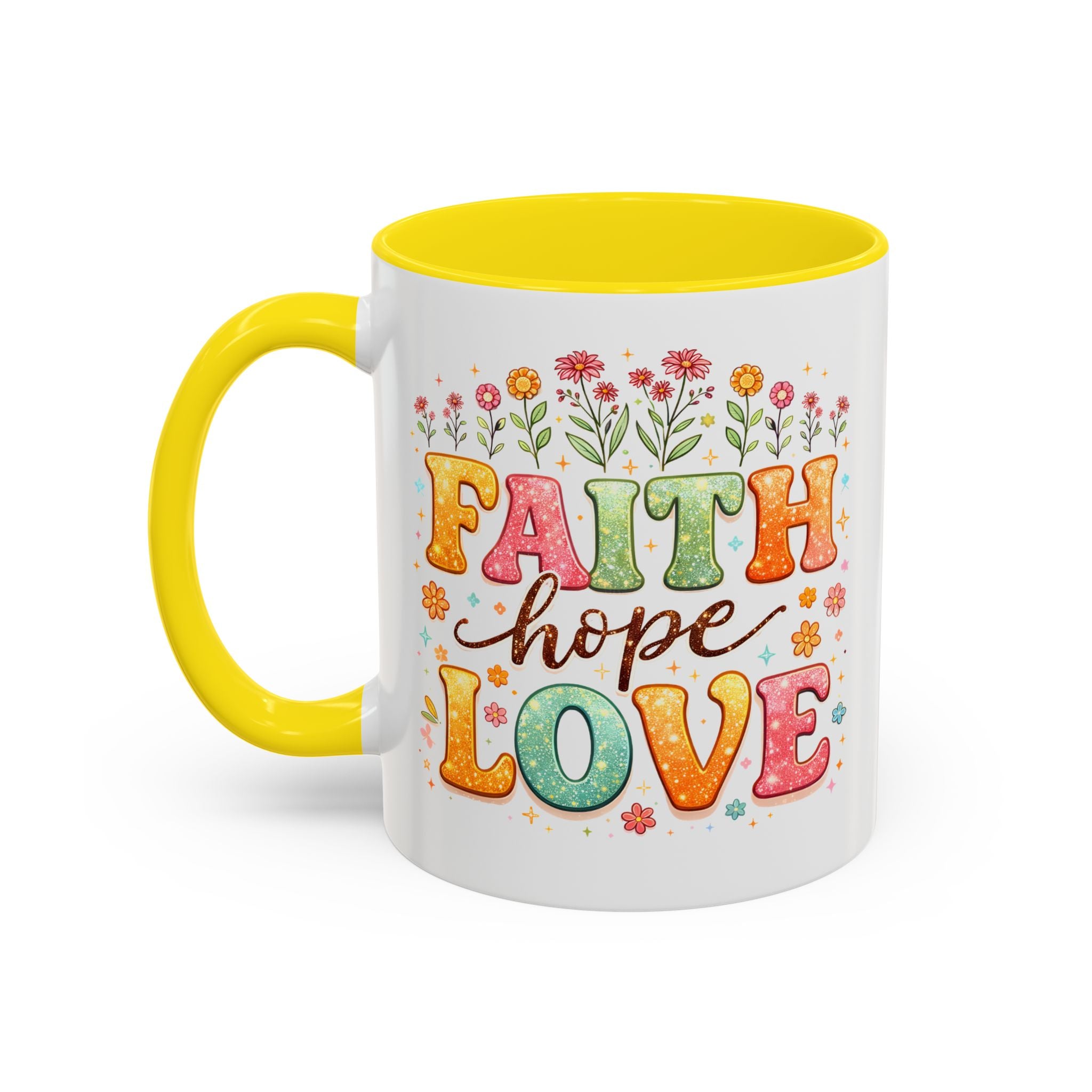 Faith Hope Love Accent Coffee Mug — Inspirational Floral Ceramic Mug (11/15 oz)