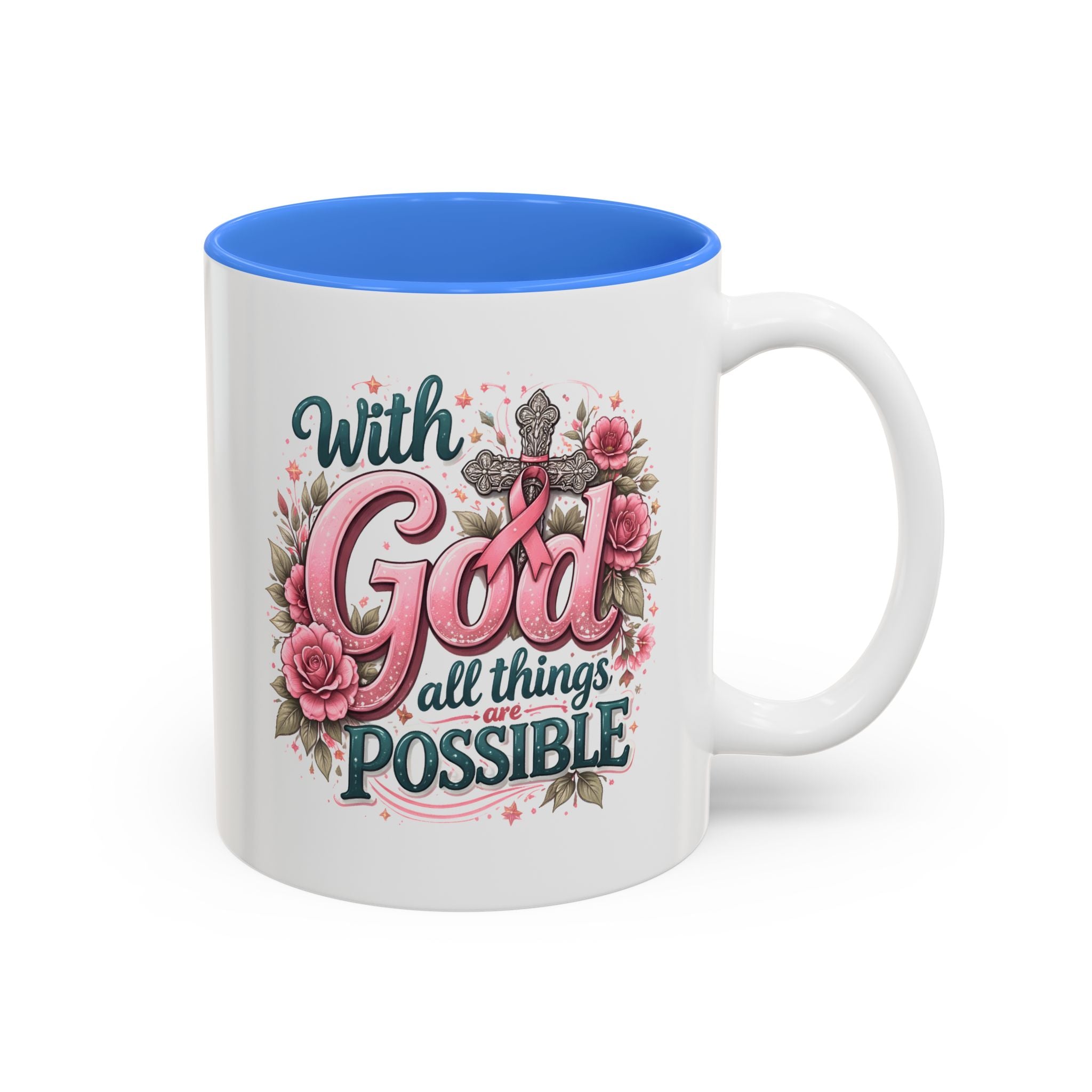 Mug — "With God All Things Are Possible" Floral Two-Tone Accent Coffee Mug
