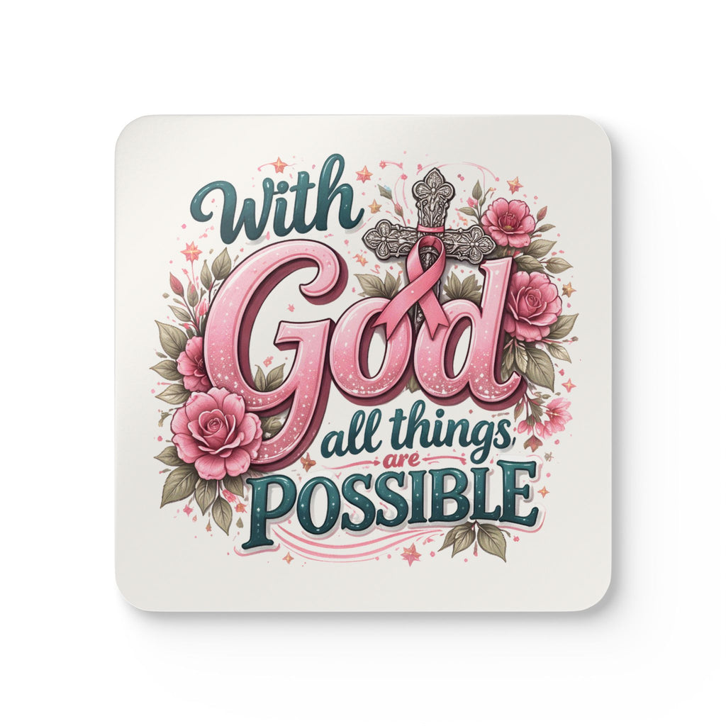 Faith Coaster Set — "With God All Things Are Possible" Religious Cork Drink Coasters (Pink Ribbon Floral)