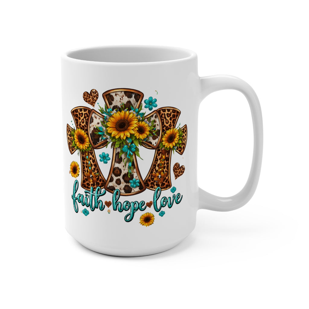 Faith Hope Love Mug — Leopard Cross & Sunflower 15oz Ceramic Coffee Cup