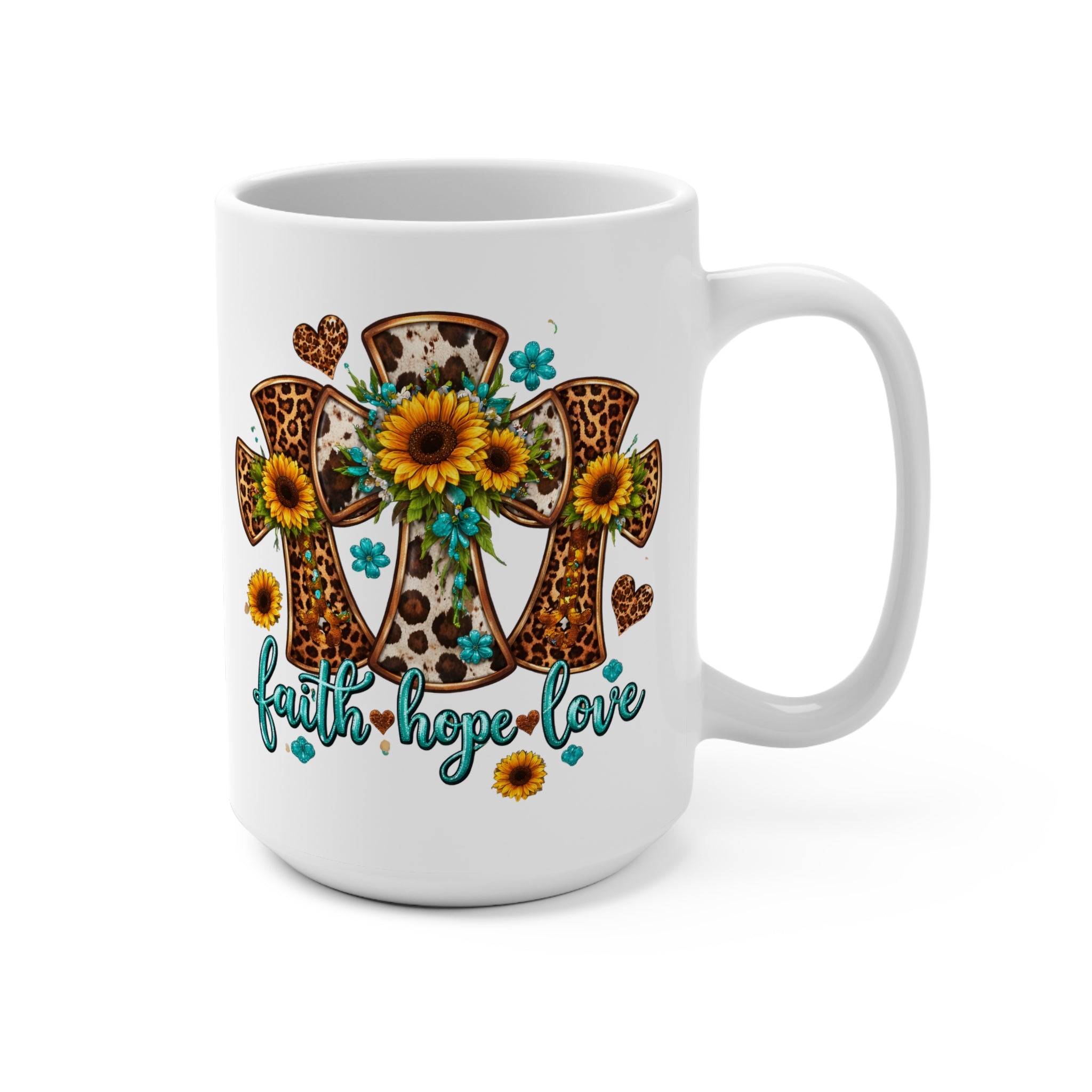 Faith Hope Love Mug — Leopard Cross & Sunflower 15oz Ceramic Coffee Cup