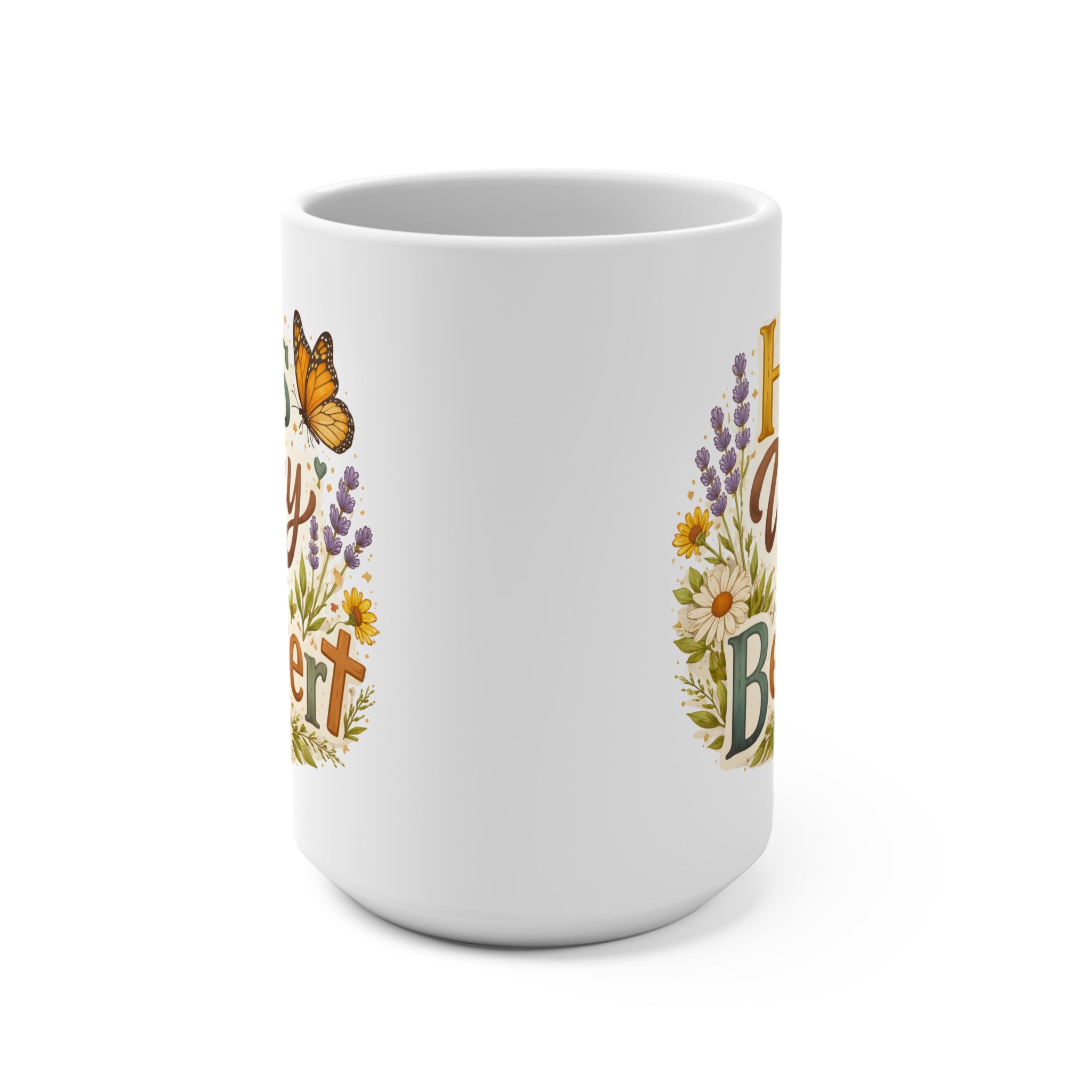 15oz Ceramic Mug — "His Way Is Better" Floral Butterfly Faith Coffee Cup