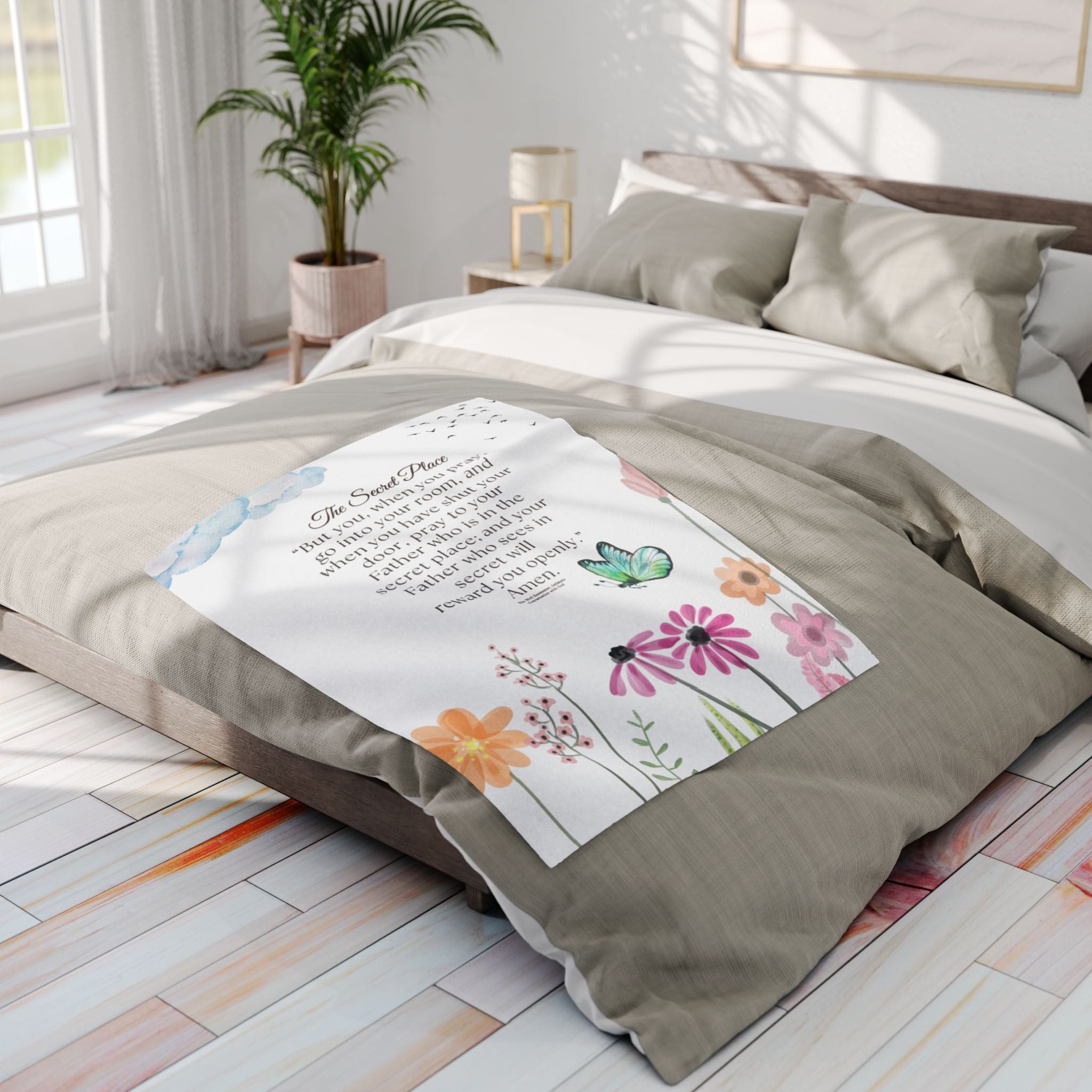 Inspirational Floral Prayer Fleece Blanket — "The Secret Place" Scripture Throw