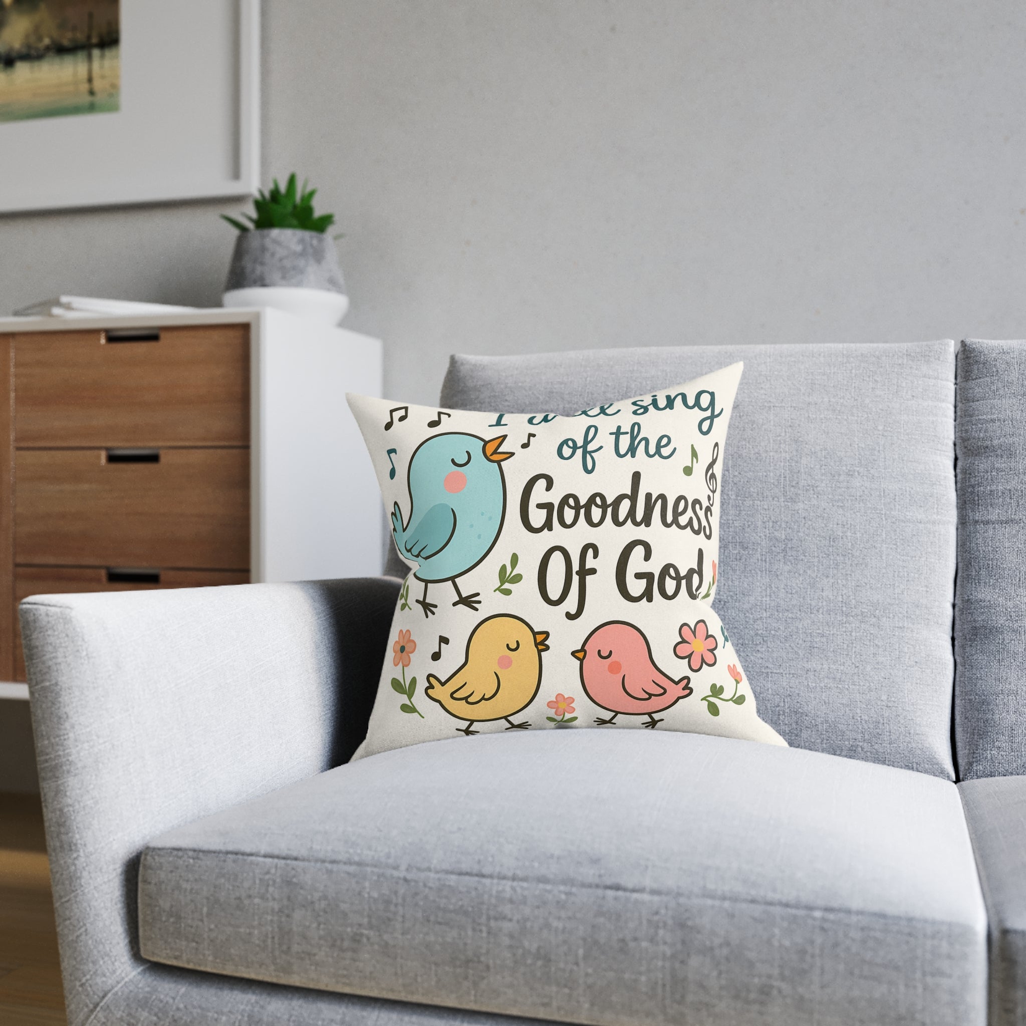 Christian Decorative Pillow — "I Will Sing of the Goodness of God" Bird Design