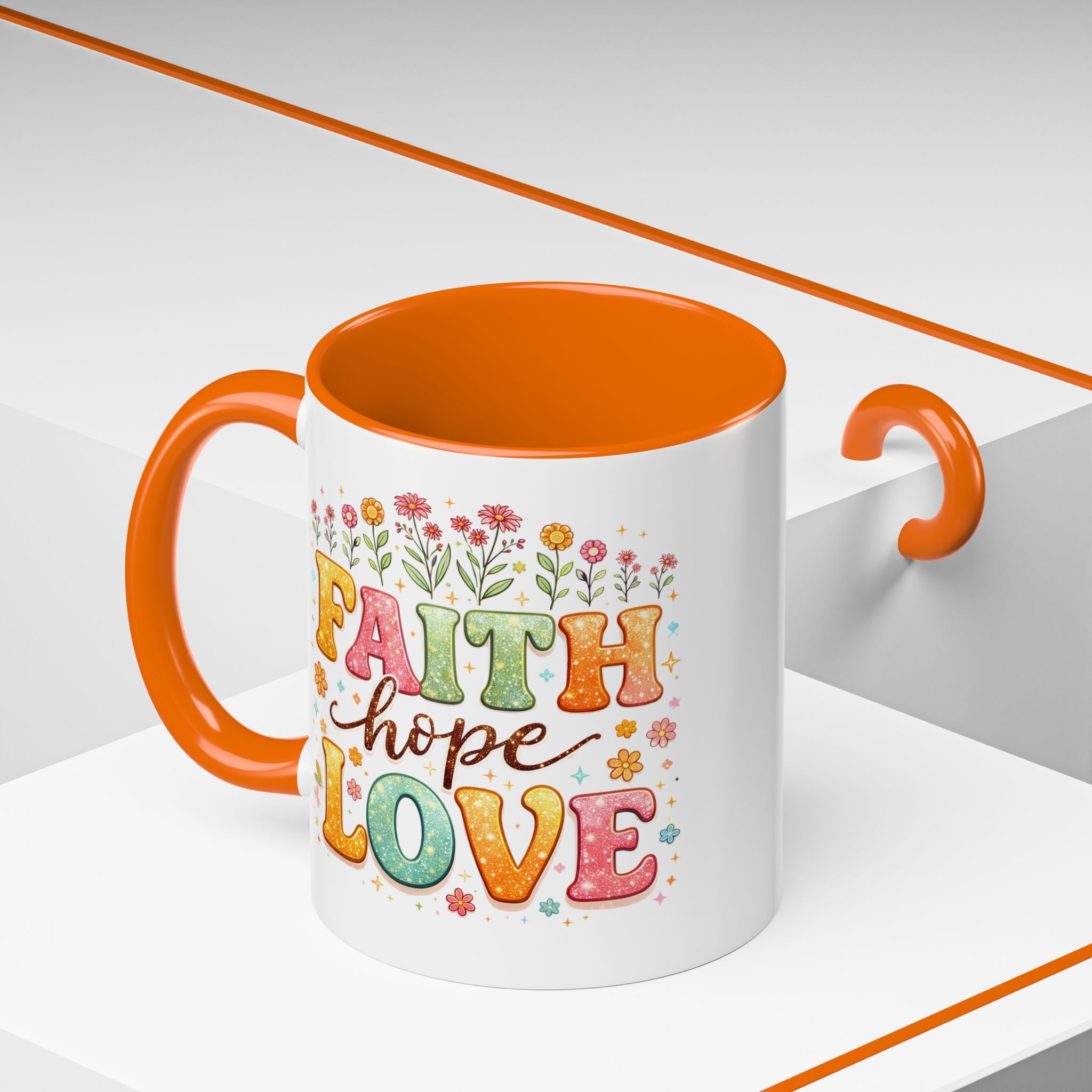Faith Hope Love Accent Coffee Mug — Inspirational Floral Ceramic Mug (11/15 oz)