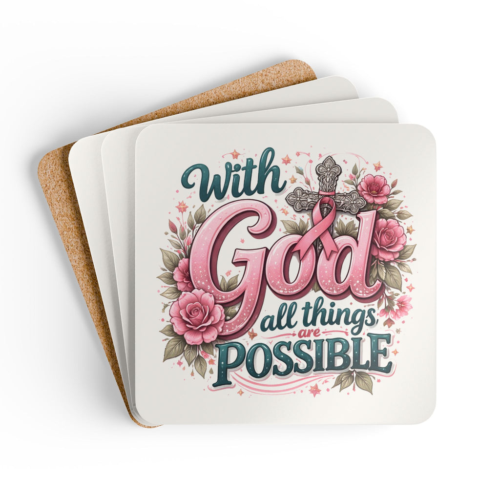 Faith Coaster Set — "With God All Things Are Possible" Religious Cork Drink Coasters (Pink Ribbon Floral)