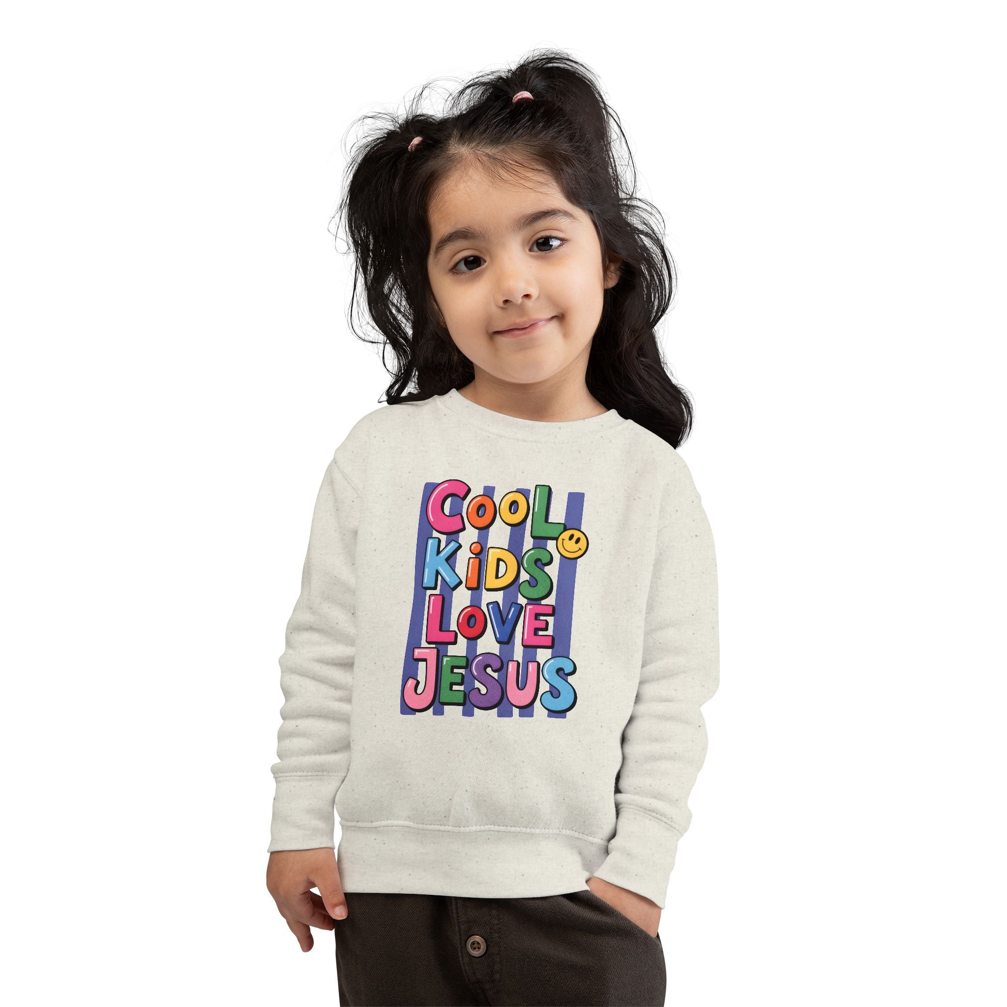 Toddler Sweatshirt — "Cool Kids Love Jesus" Colorful Christian Kids Crewneck