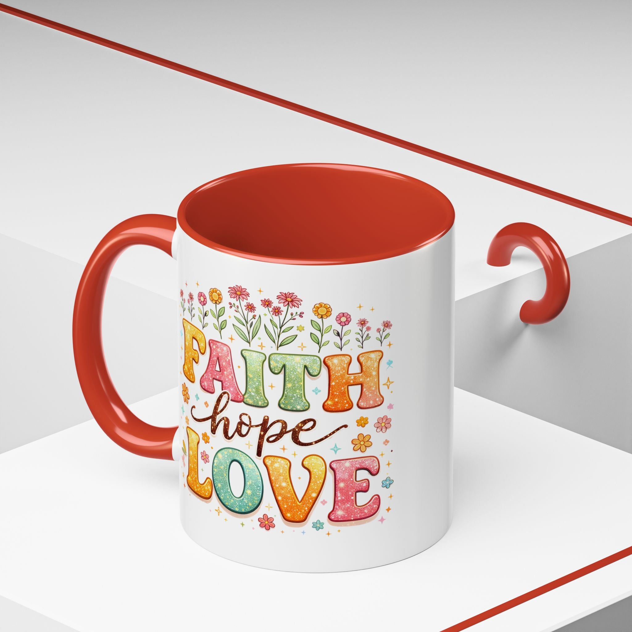 Faith Hope Love Accent Coffee Mug — Inspirational Floral Ceramic Mug (11/15 oz)