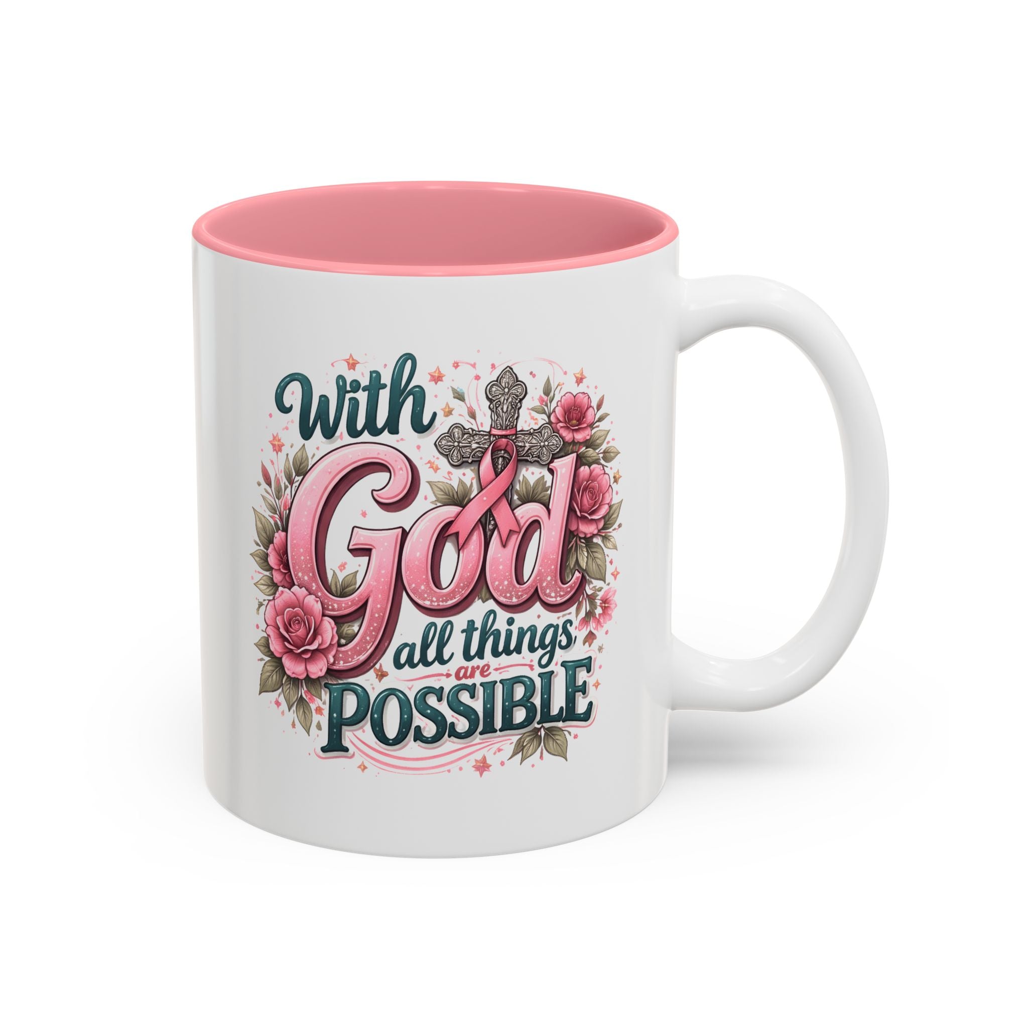 Mug — "With God All Things Are Possible" Floral Two-Tone Accent Coffee Mug