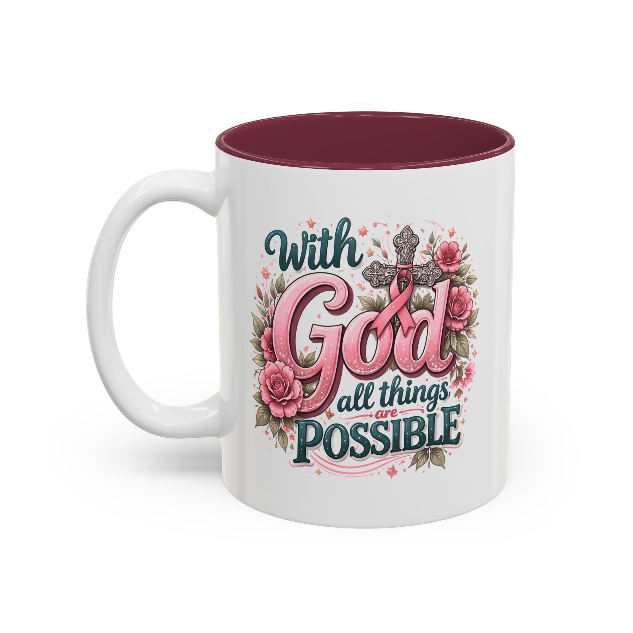 Mug — "With God All Things Are Possible" Floral Two-Tone Accent Coffee Mug