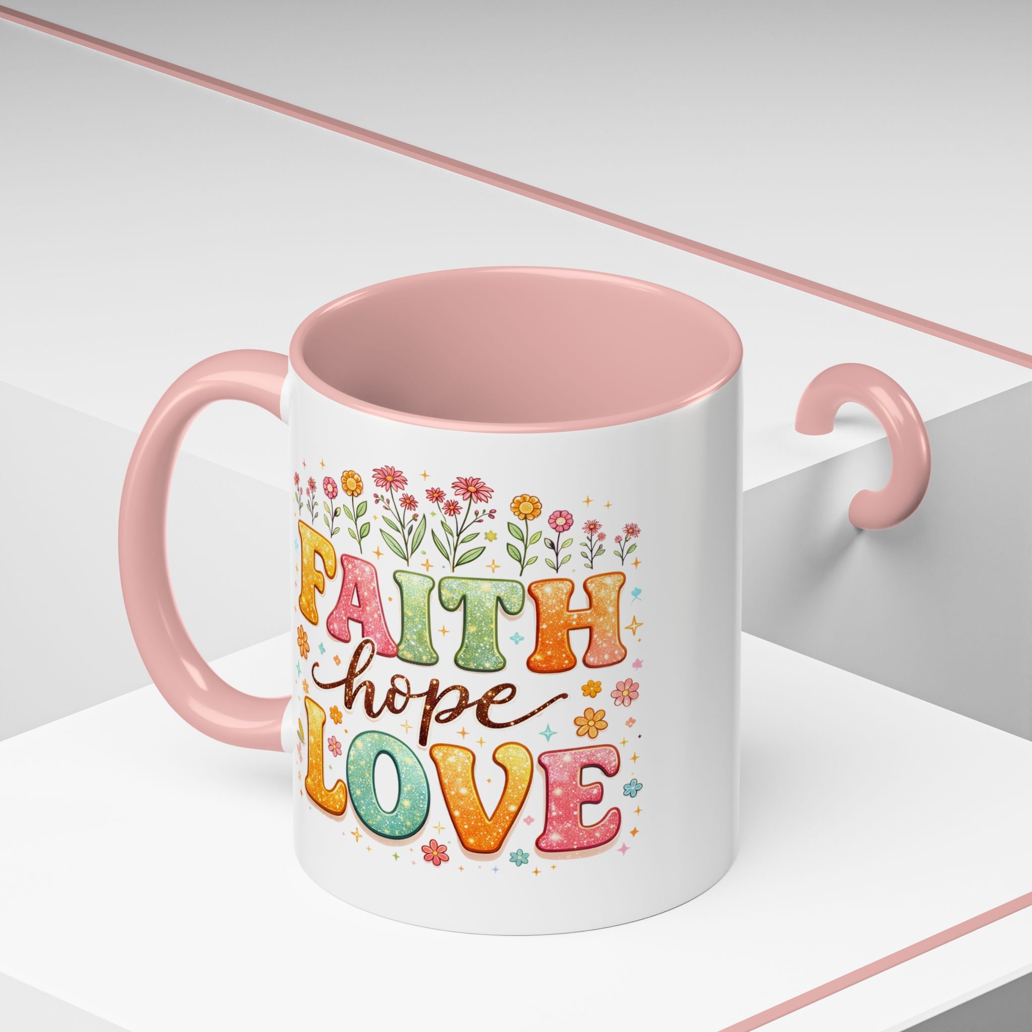 Faith Hope Love Accent Coffee Mug — Inspirational Floral Ceramic Mug (11/15 oz)