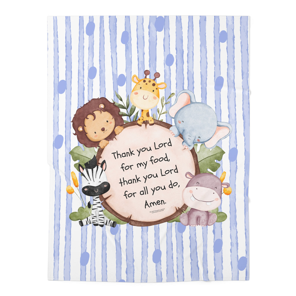 Baby Swaddle Blanket - Blue Jungle Animals with Prayer: "Thank you Lord for my food" (Newborn Gift)