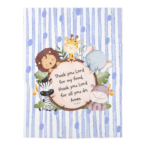 Baby Swaddle Blanket - Blue Jungle Animals with Prayer: "Thank you Lord for my food" (Newborn Gift)