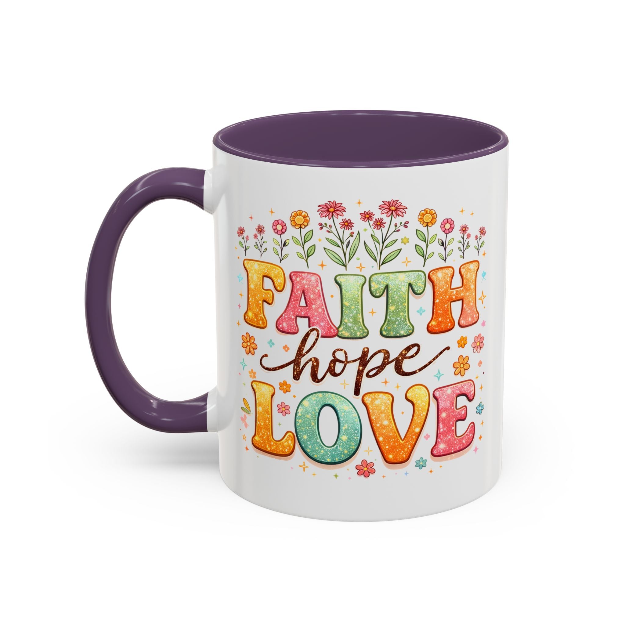 Faith Hope Love Accent Coffee Mug — Inspirational Floral Ceramic Mug (11/15 oz)