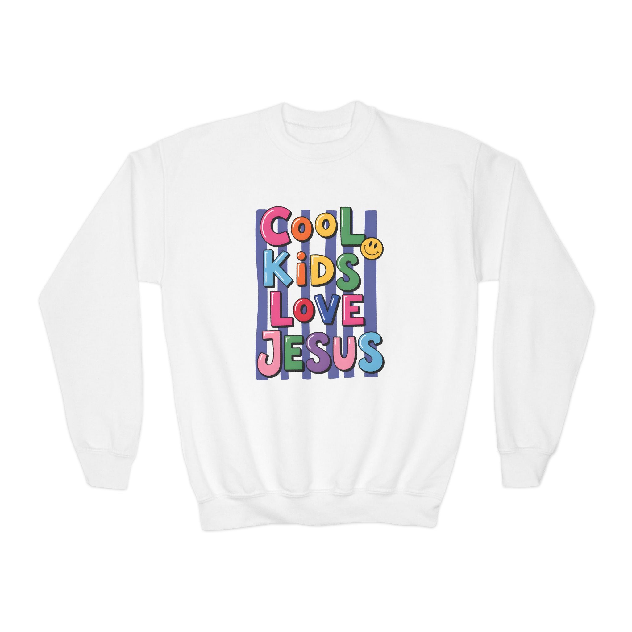 Youth Crewneck Sweatshirt — "Cool Kids Love Jesus" Colorful Christian Graphic