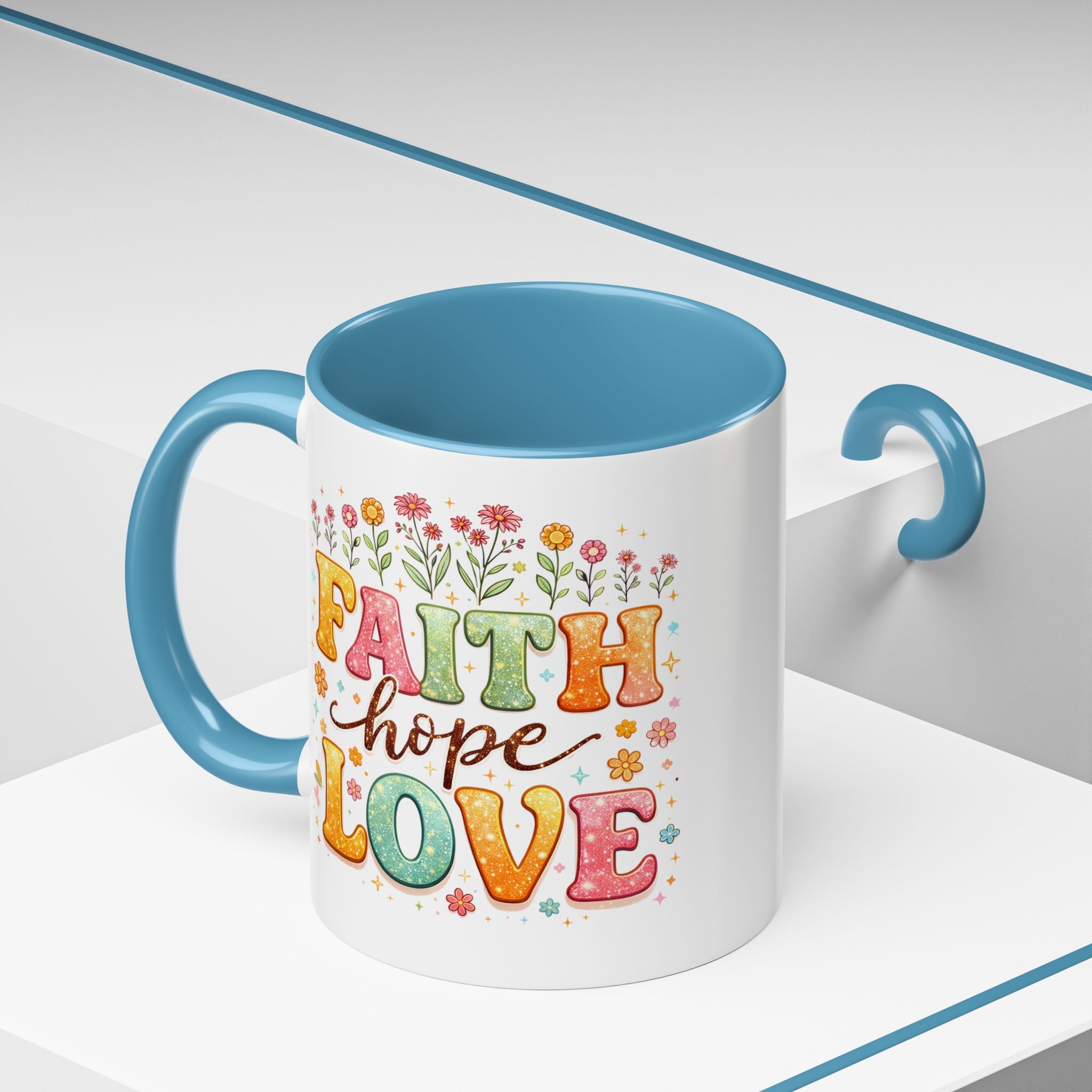 Faith Hope Love Accent Coffee Mug — Inspirational Floral Ceramic Mug (11/15 oz)