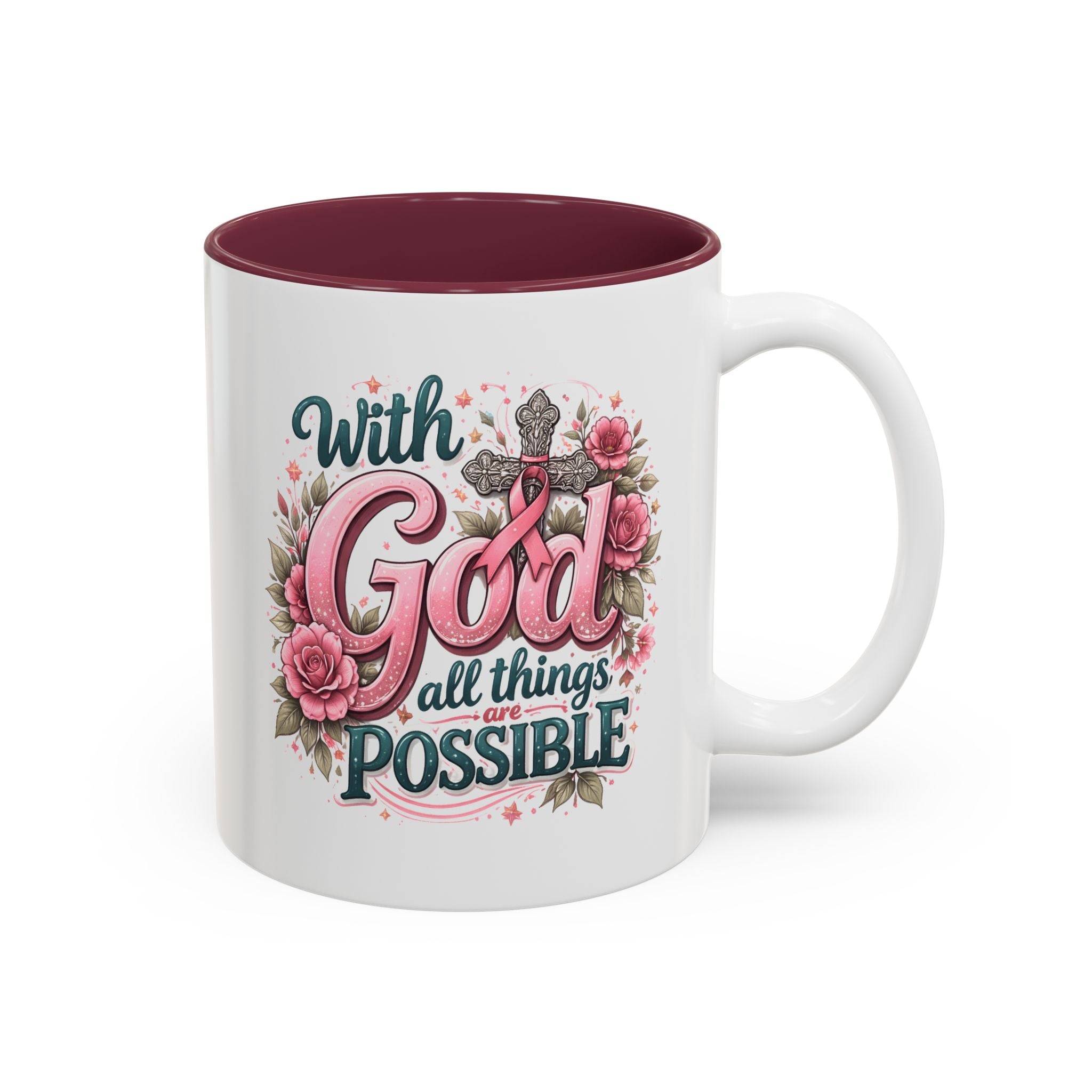 Mug — "With God All Things Are Possible" Floral Two-Tone Accent Coffee Mug