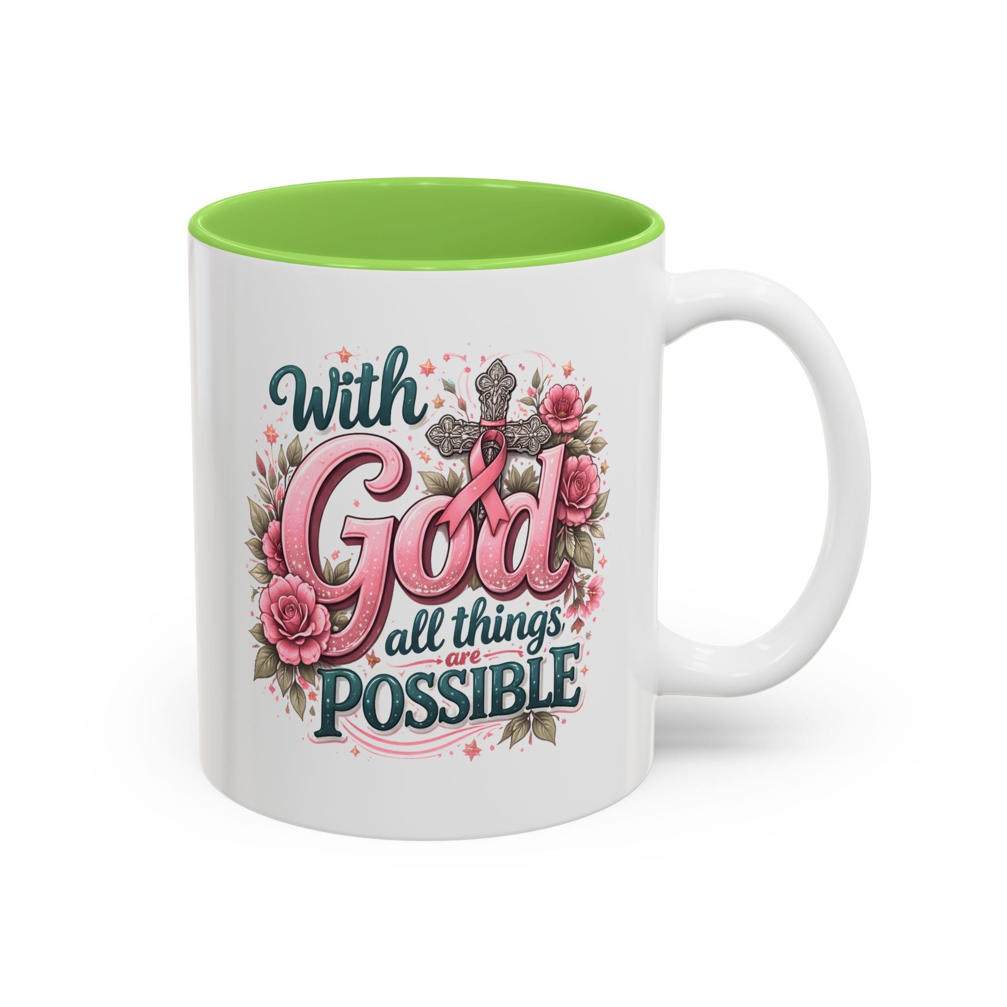 Mug — "With God All Things Are Possible" Floral Two-Tone Accent Coffee Mug