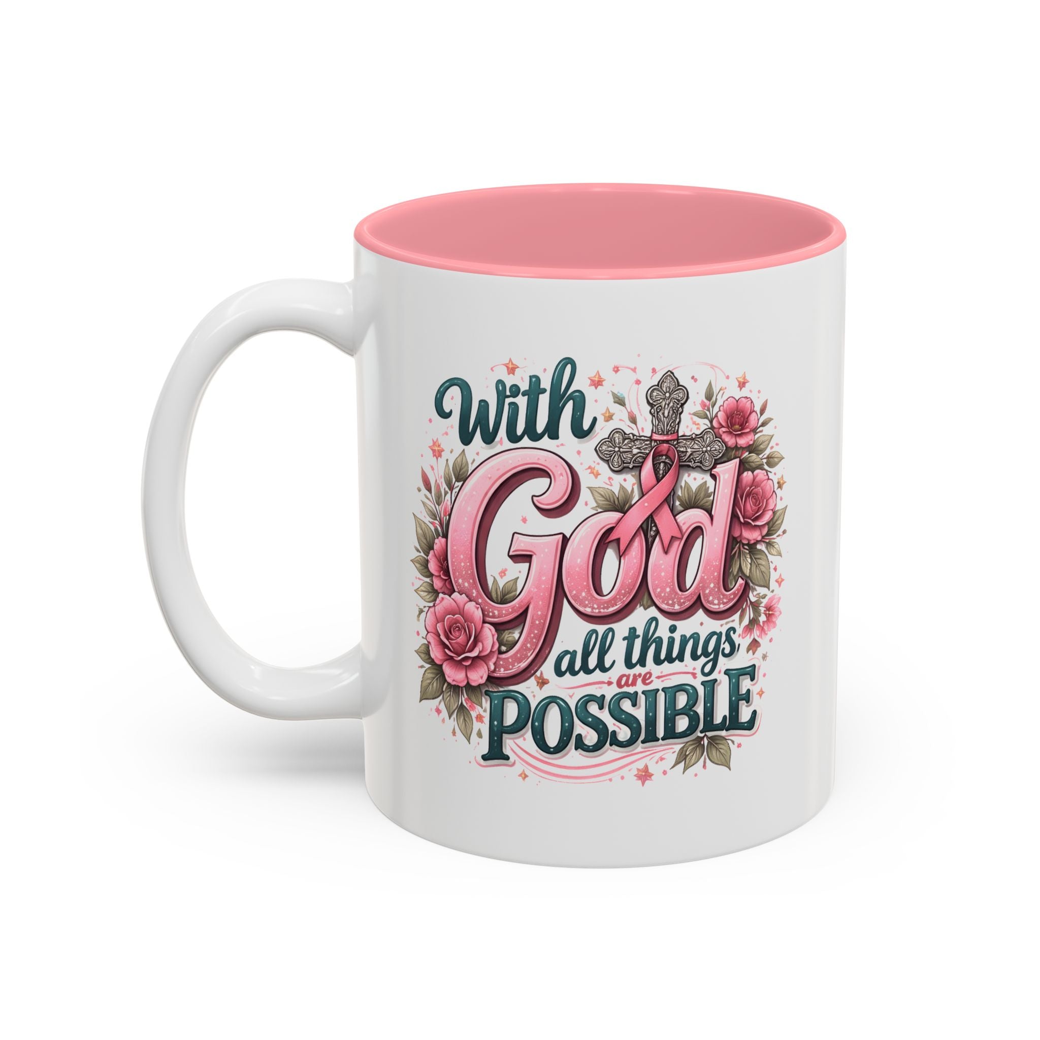 Mug — "With God All Things Are Possible" Floral Two-Tone Accent Coffee Mug