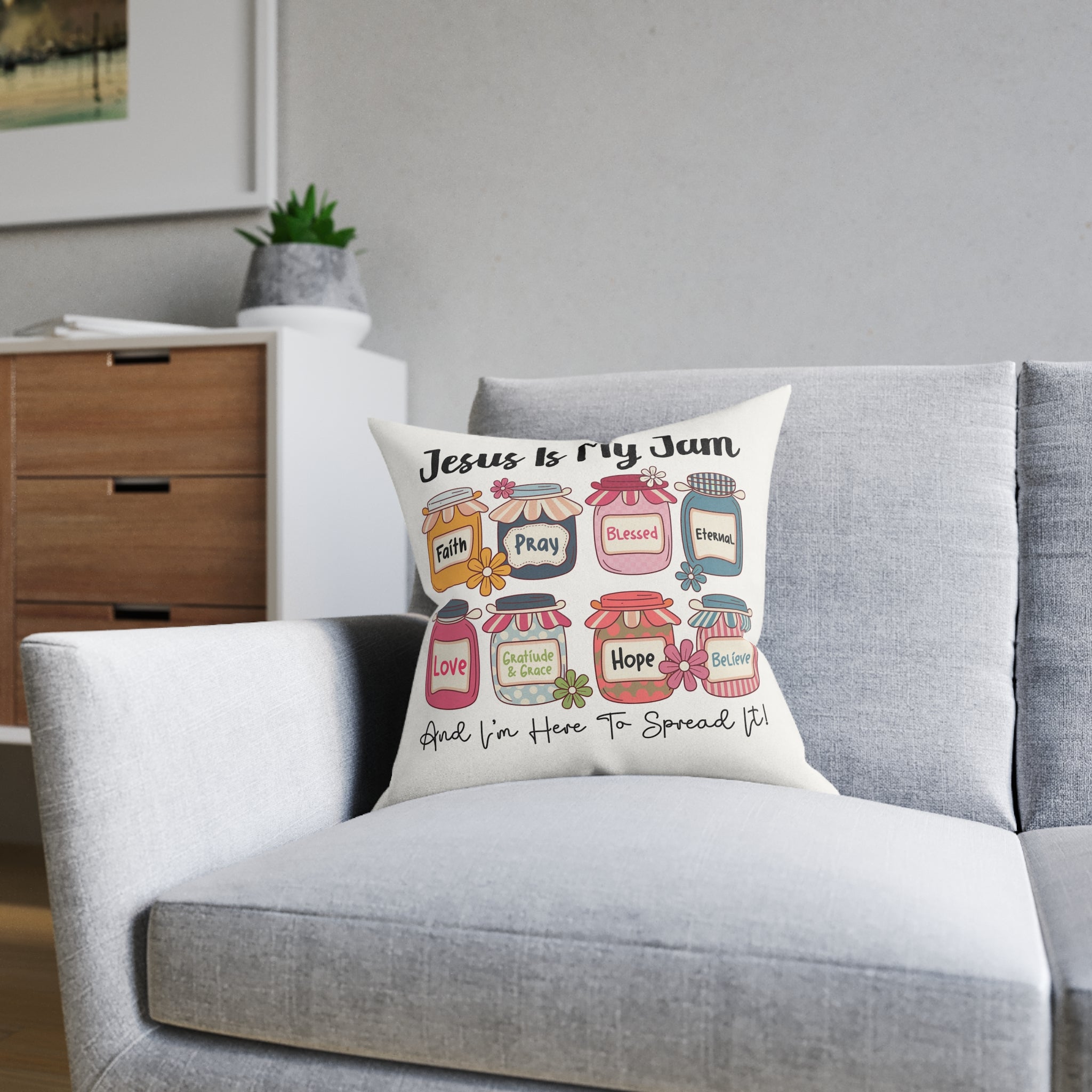 Jesus Is My Jam Decorative Pillow — Faith Inspirational Throw Pillow with Prayer, Hope & Love Jar Design
