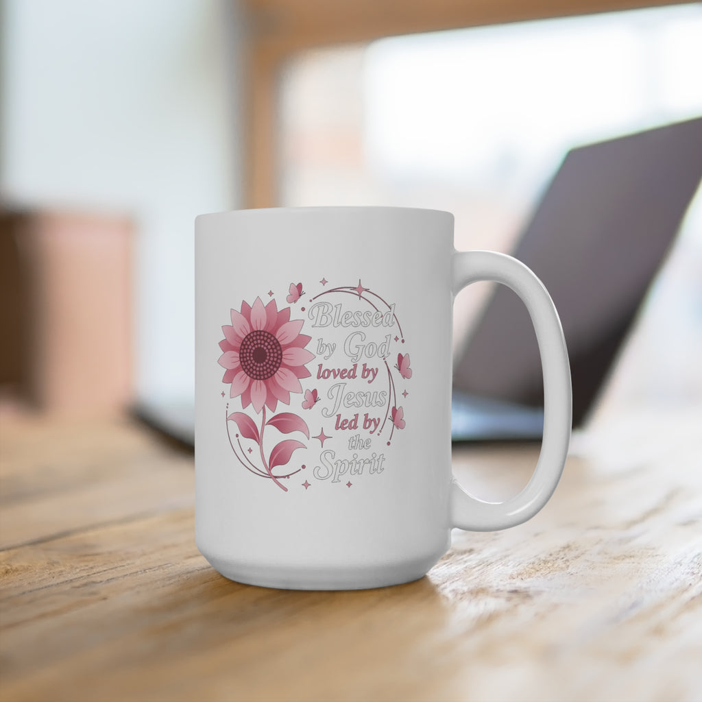 15oz Floral Faith Mug — "Blessed by God, loved by Jesus, led by the Spirit"