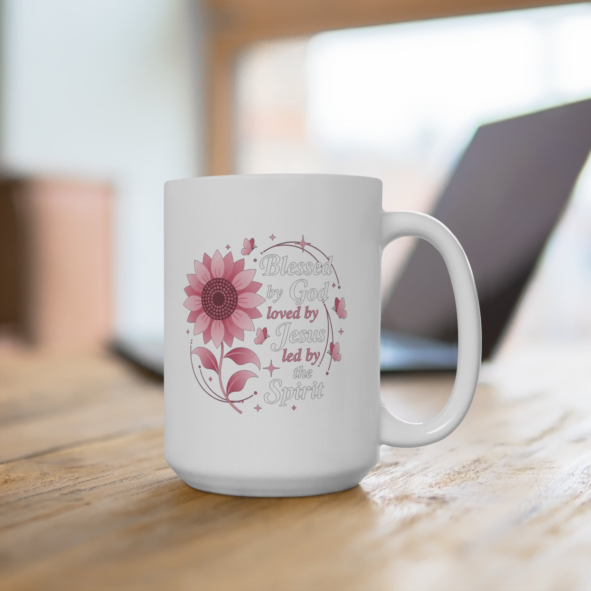 15oz Floral Faith Mug — "Blessed by God, loved by Jesus, led by the Spirit"