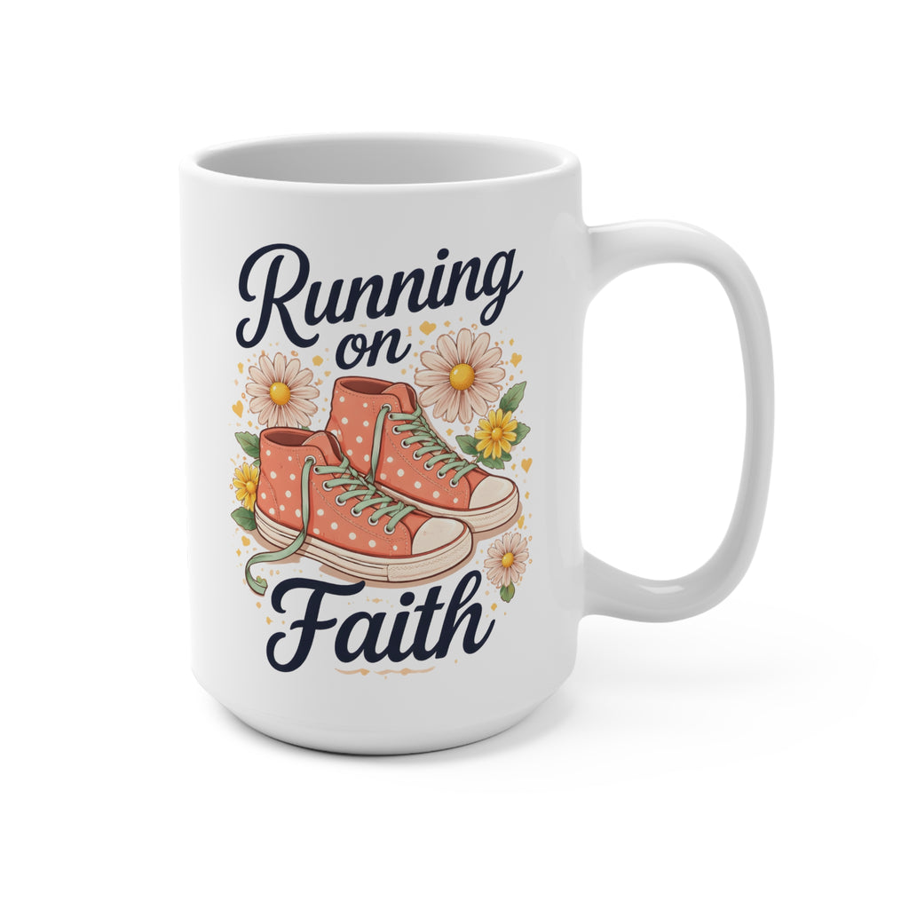 15oz Faith Coffee Mug — "Running on Faith" Floral Sneaker Christian Gift
