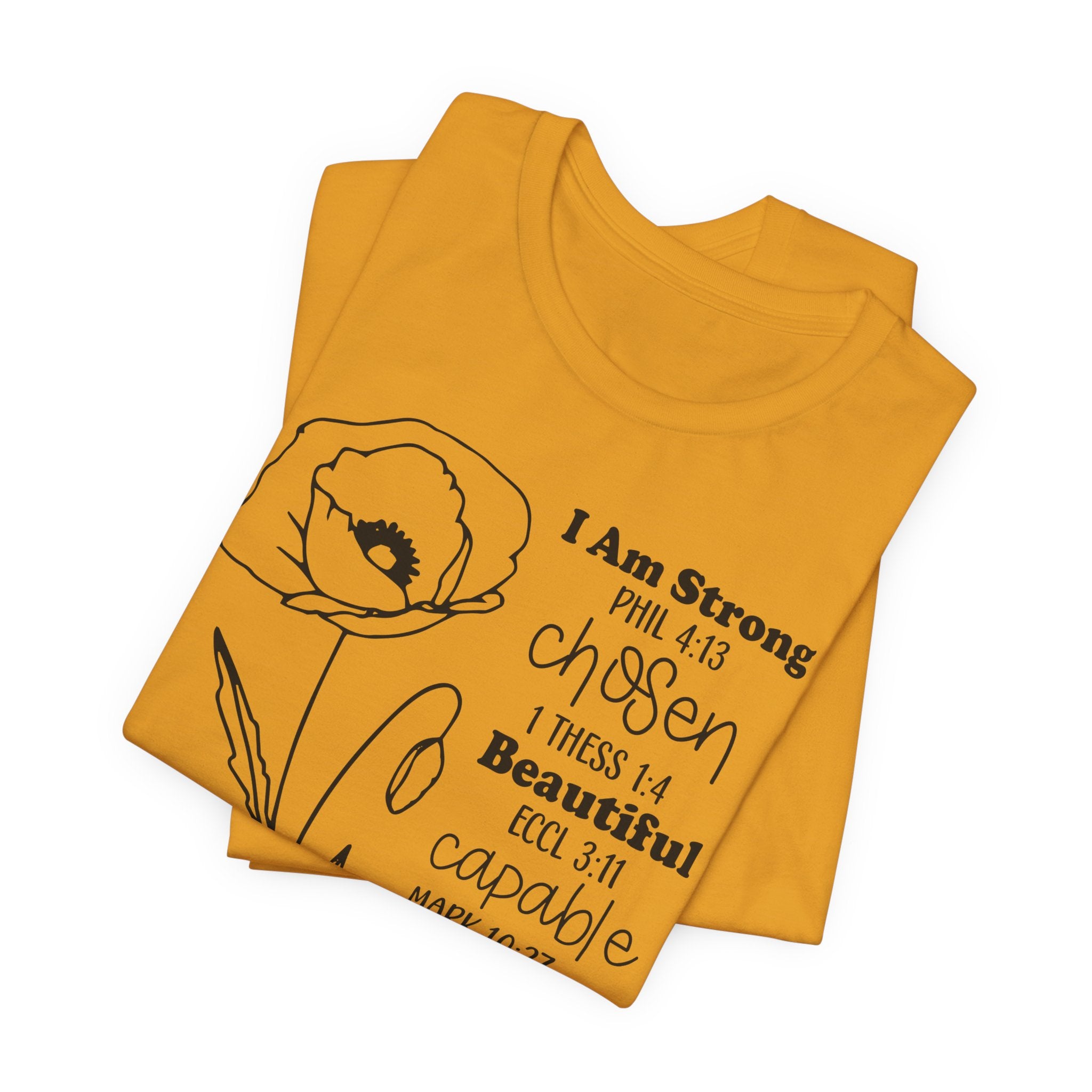 Inspirational Scripture Floral Tee — "I Am Strong / Chosen / Beautiful" Bible Verse T-Shirt