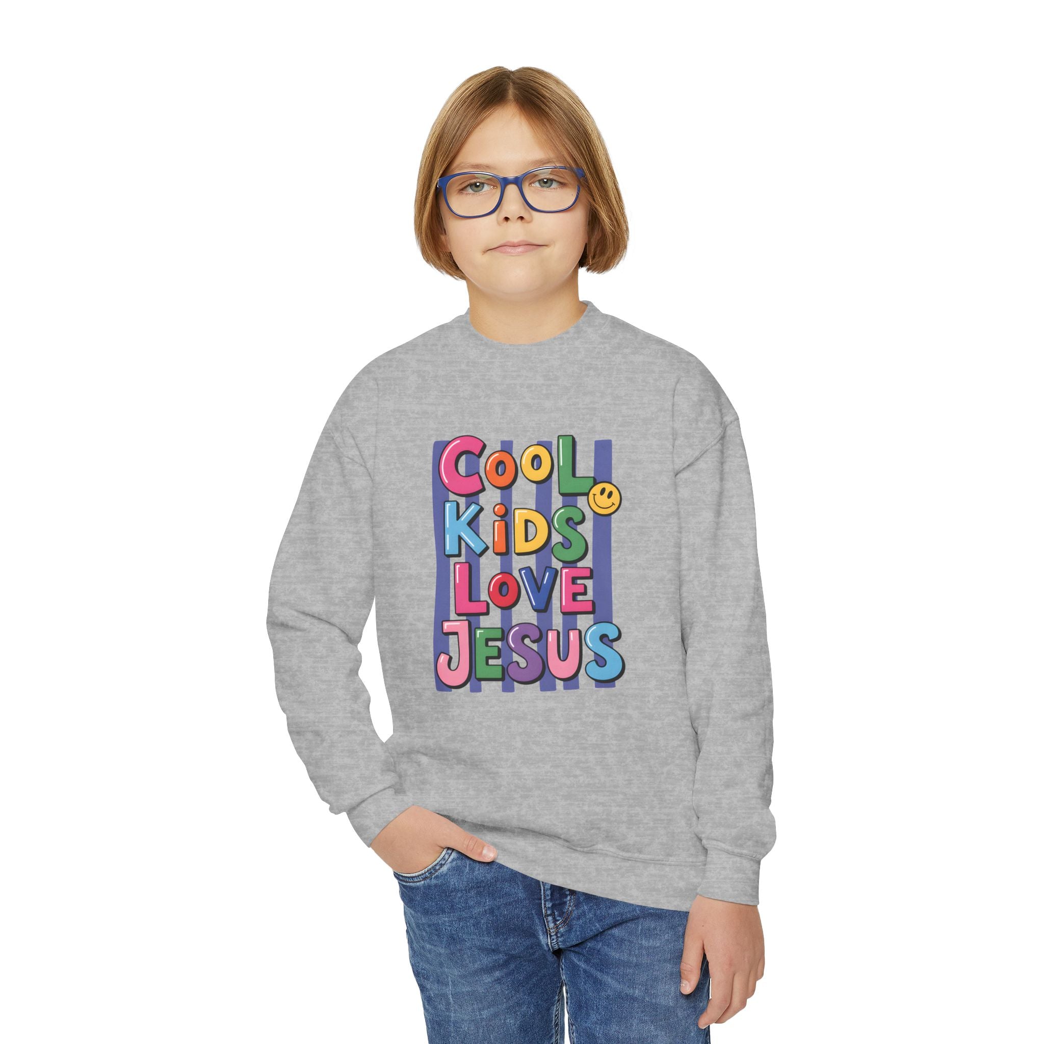 Youth Crewneck Sweatshirt — "Cool Kids Love Jesus" Colorful Christian Graphic