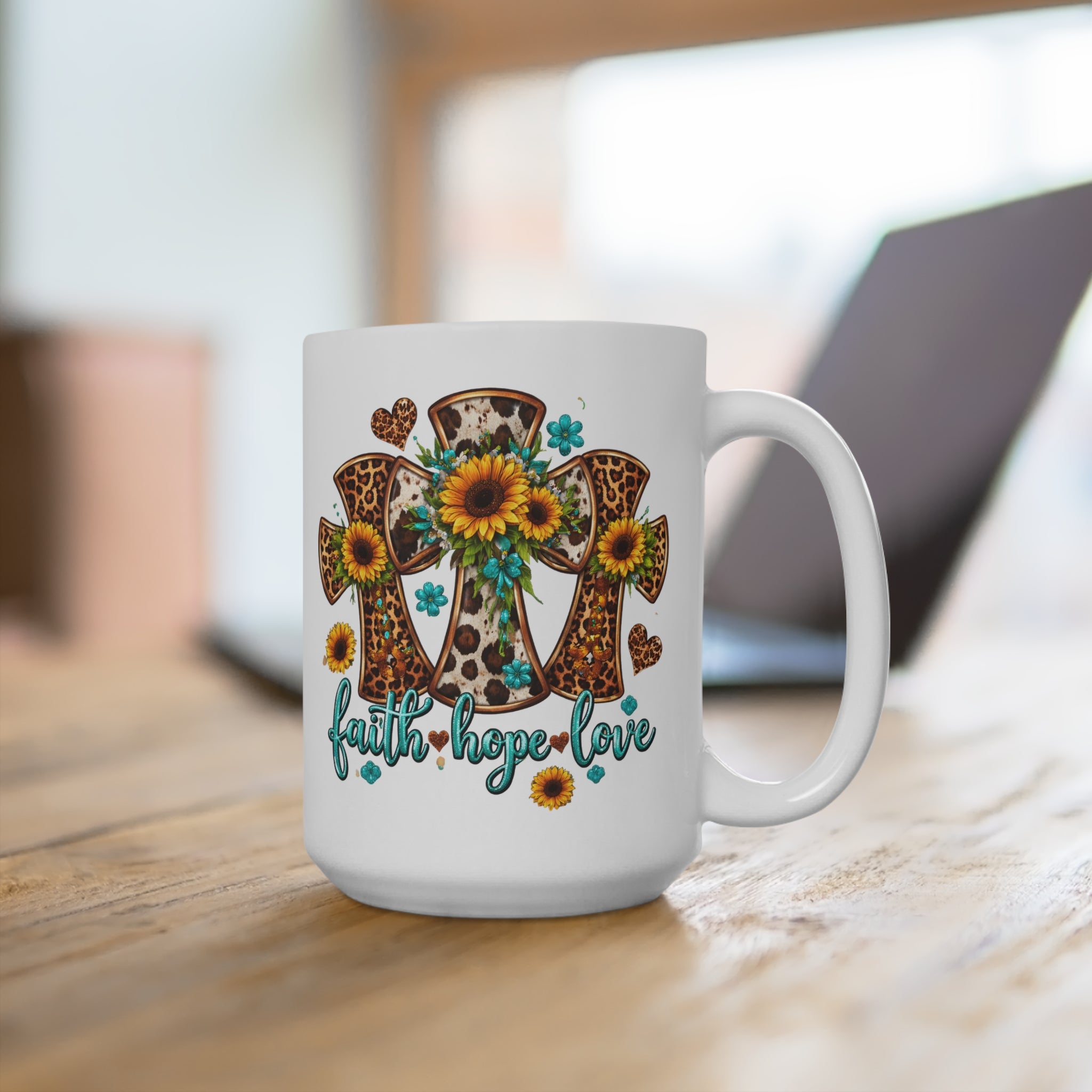 Faith Hope Love Mug — Leopard Cross & Sunflower 15oz Ceramic Coffee Cup