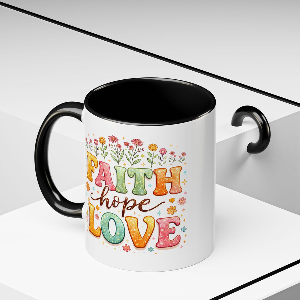 Faith Hope Love Accent Coffee Mug — Inspirational Floral Ceramic Mug (11/15 oz)