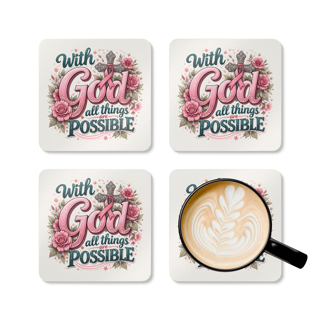 Faith Coaster Set — "With God All Things Are Possible" Religious Cork Drink Coasters (Pink Ribbon Floral)
