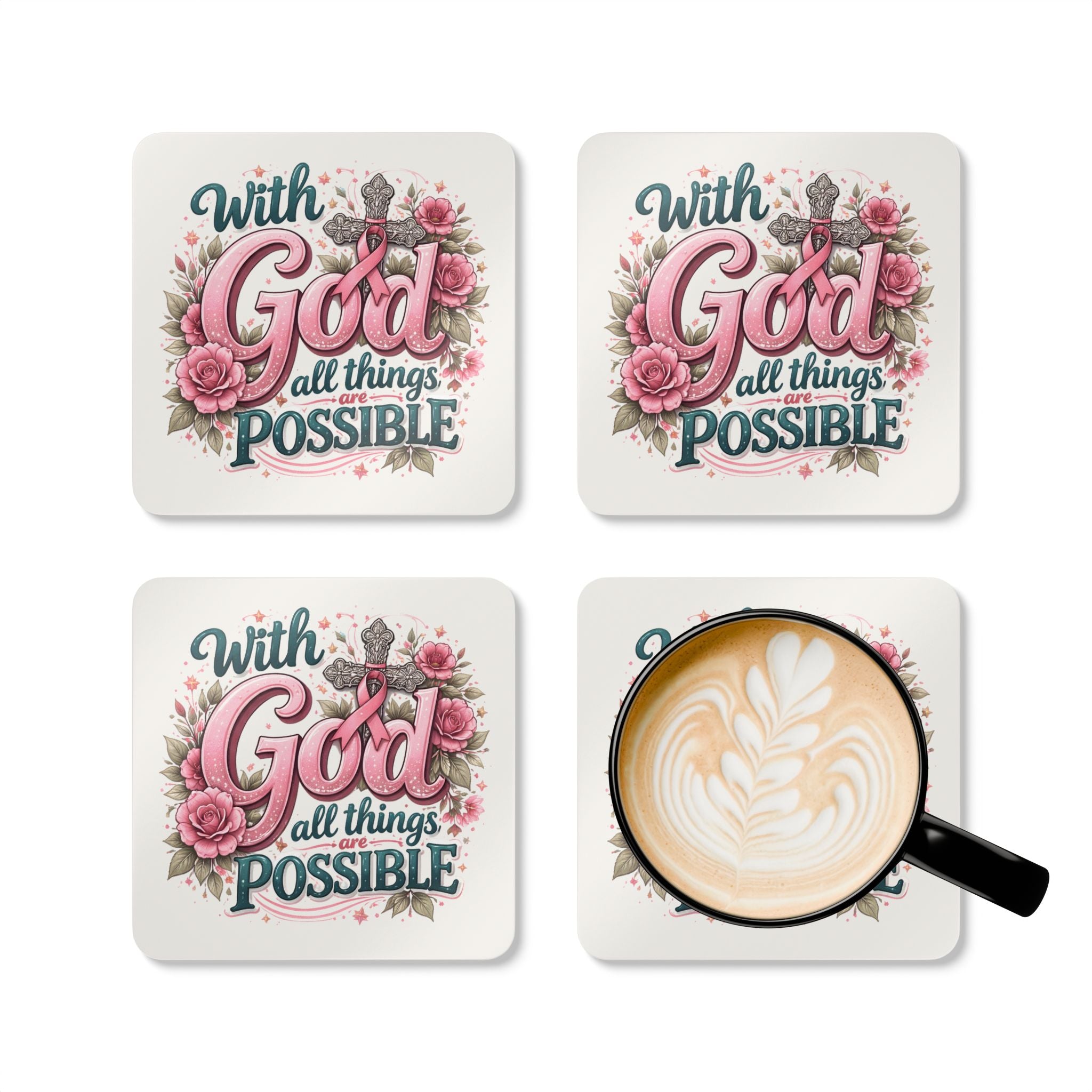 Faith Coaster Set — "With God All Things Are Possible" Religious Cork Drink Coasters (Pink Ribbon Floral)