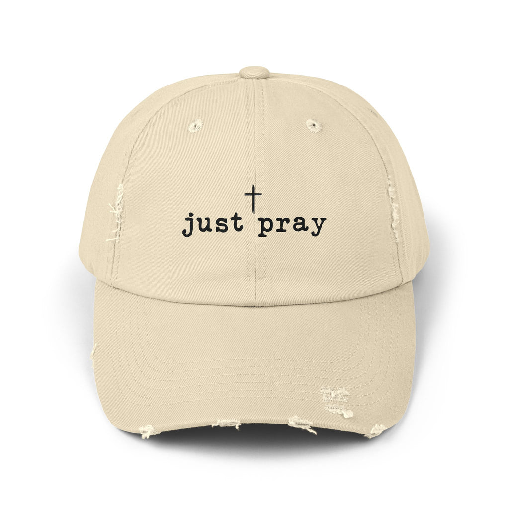 Just Pray Distressed Baseball Cap — Christian Cross Embroidered Hat