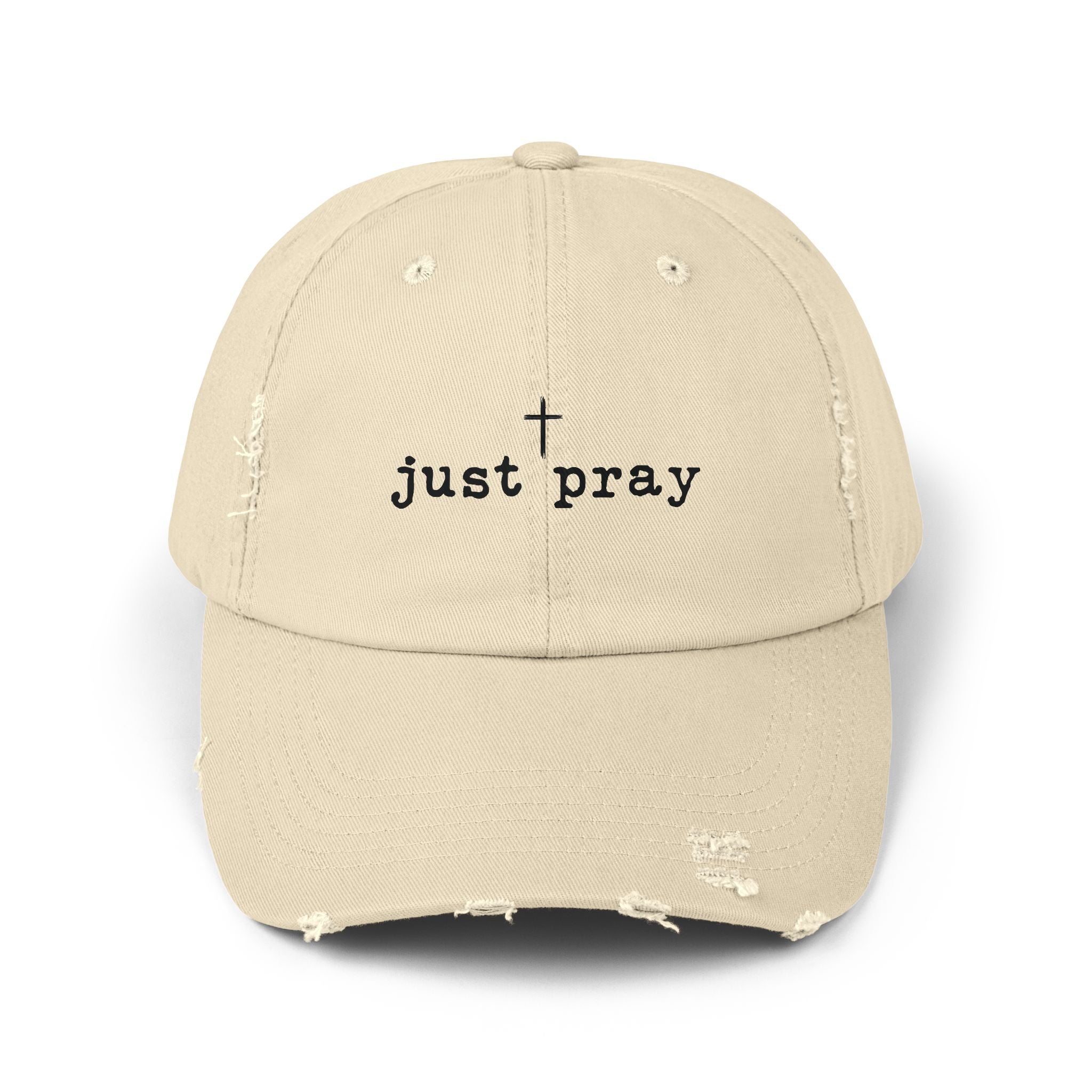 Just Pray Distressed Baseball Cap — Christian Cross Embroidered Hat