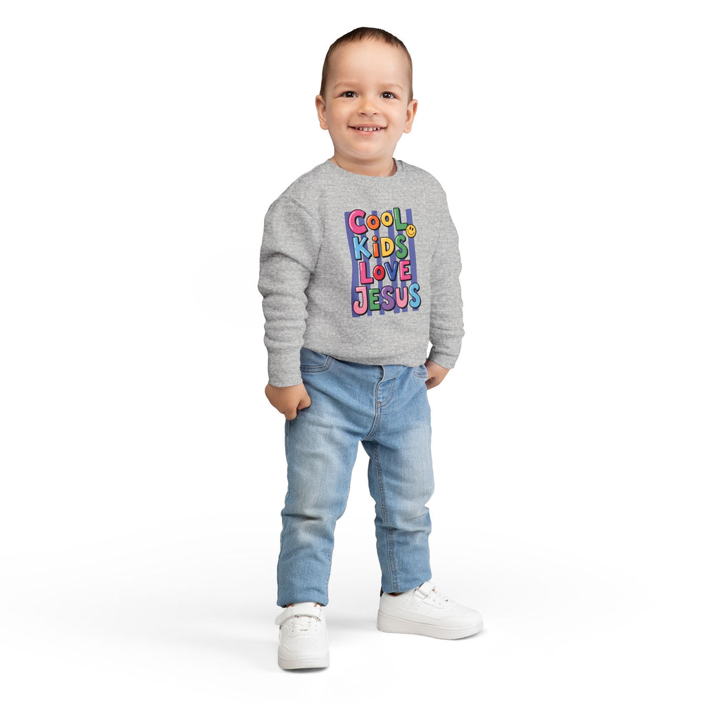 Toddler Sweatshirt — "Cool Kids Love Jesus" Colorful Christian Kids Crewneck
