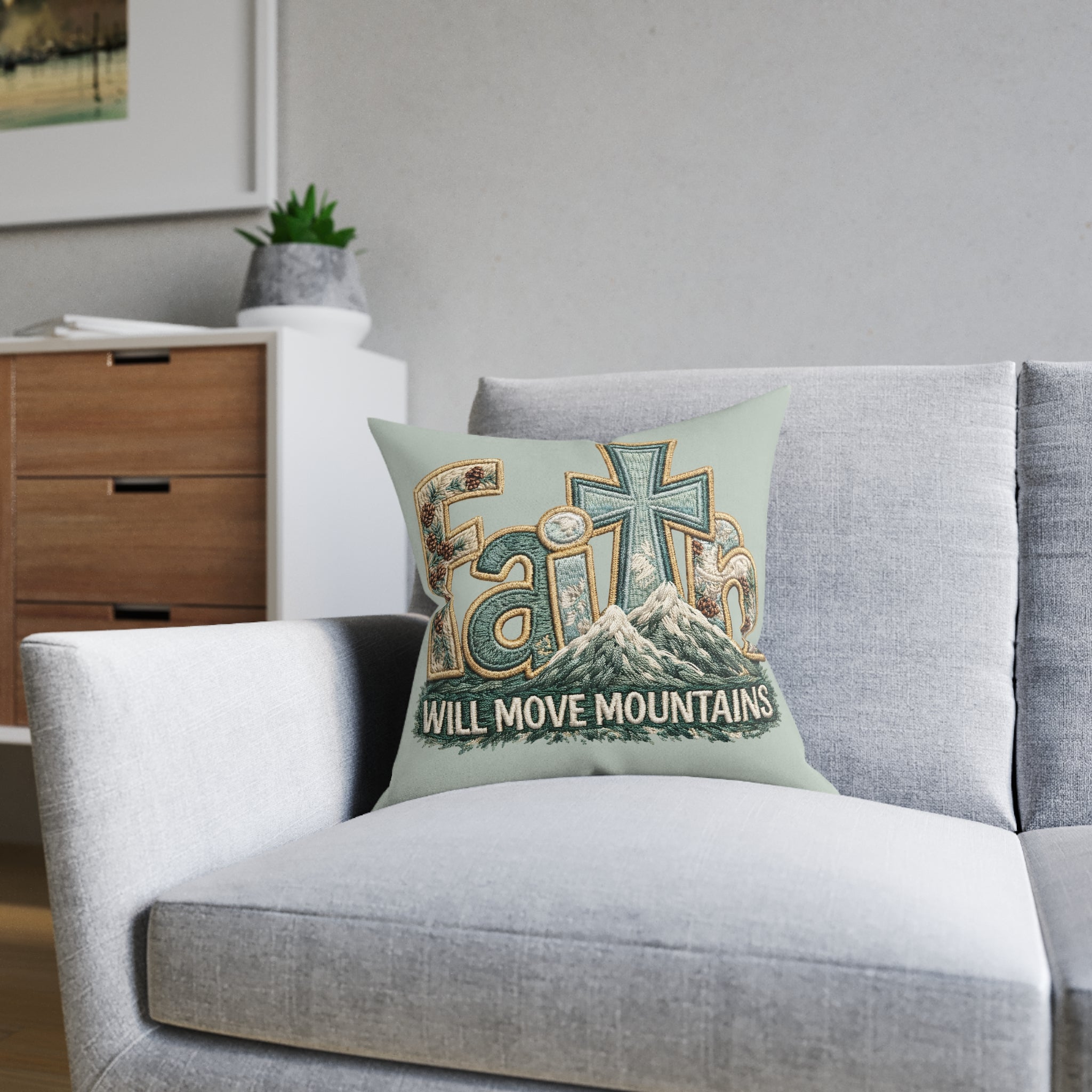 Faith Will Move Mountains Square Pillow — Inspirational Christian Decorative Throw Pillow