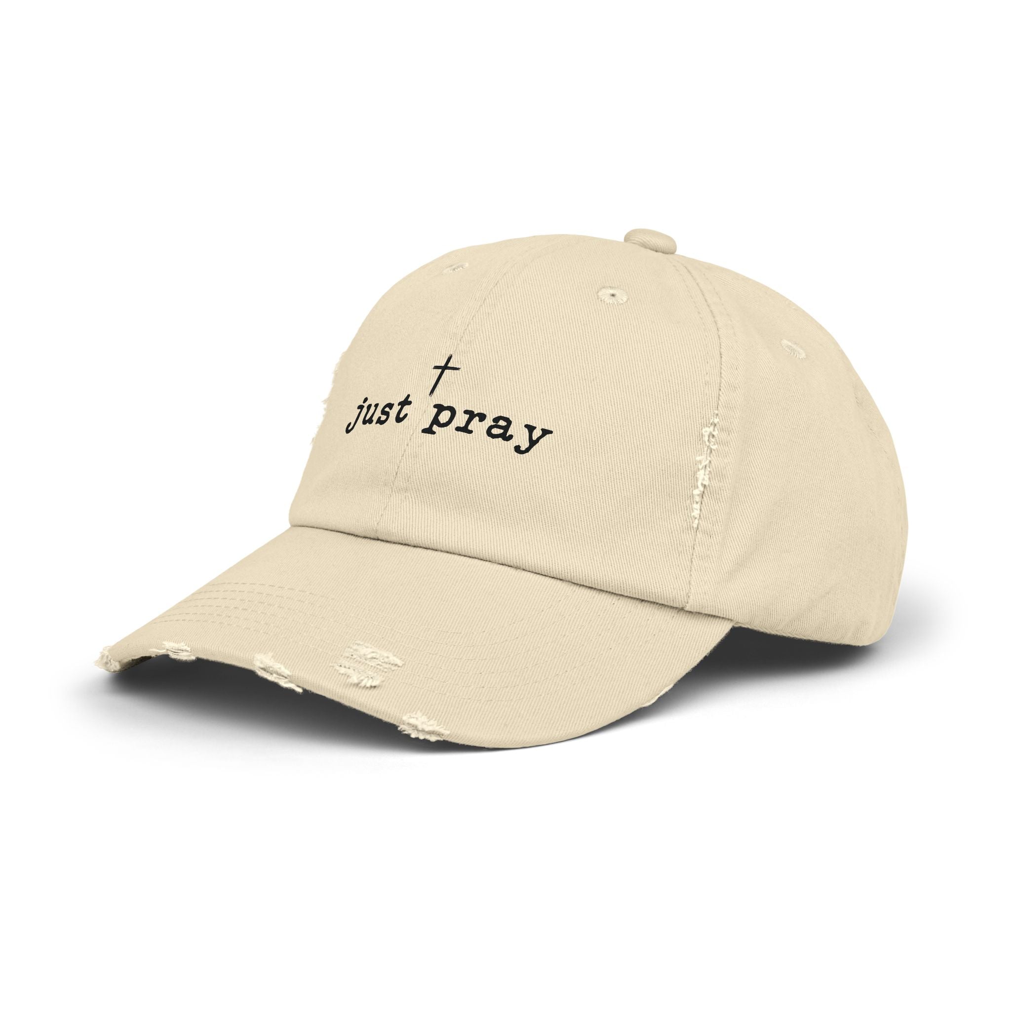 Just Pray Distressed Baseball Cap — Christian Cross Embroidered Hat